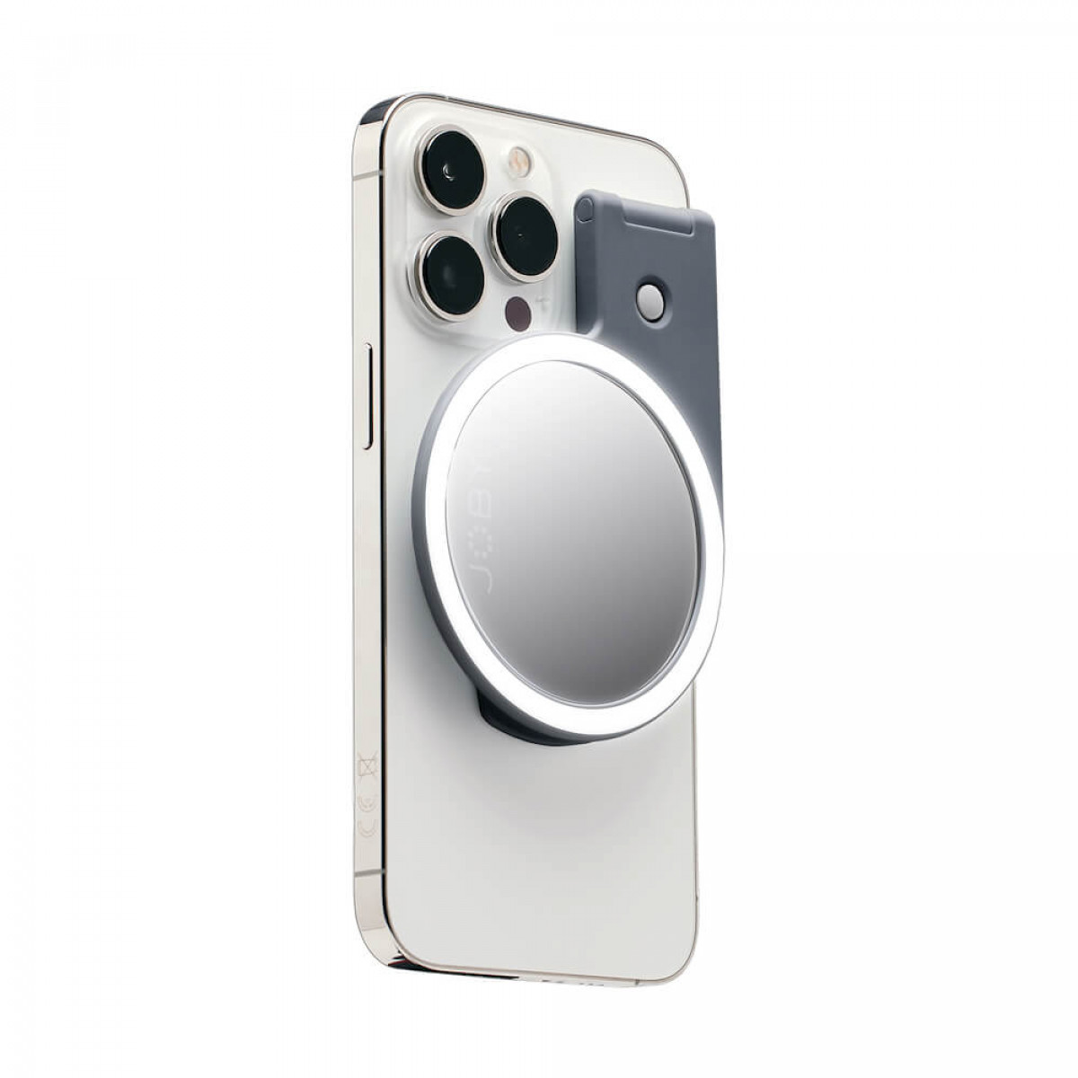 Telefon mit rundem Spiegel. Ein graues Scharnier verbindet den Spiegel. Silbernes Telefon mit schwarzem Rahmen.