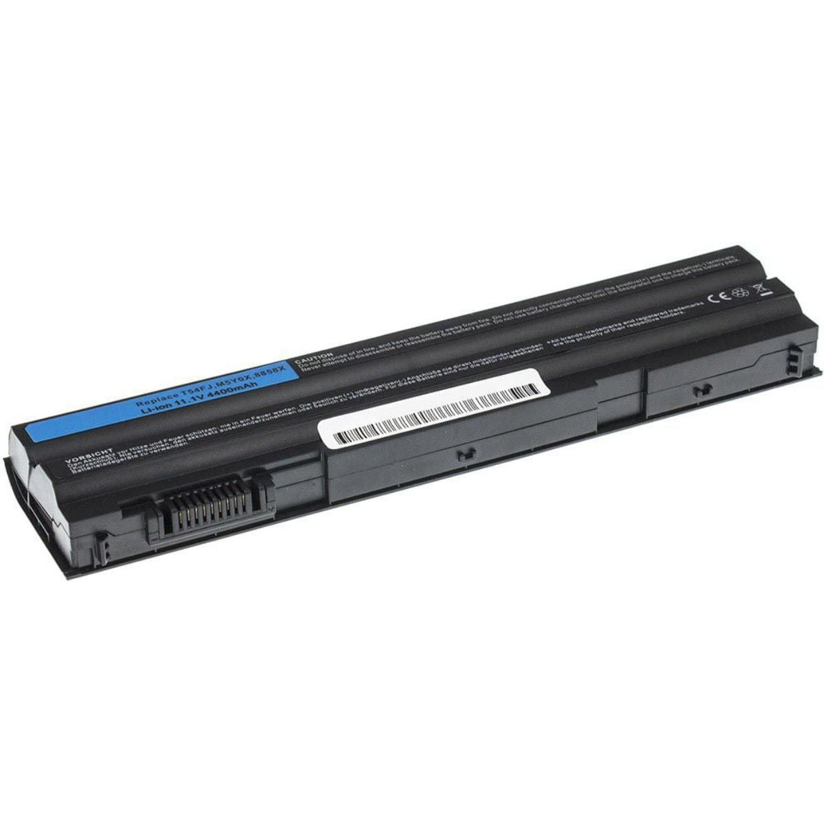 Batteria per laptop con etichetta blu e involucro nero e sfondo bianco.