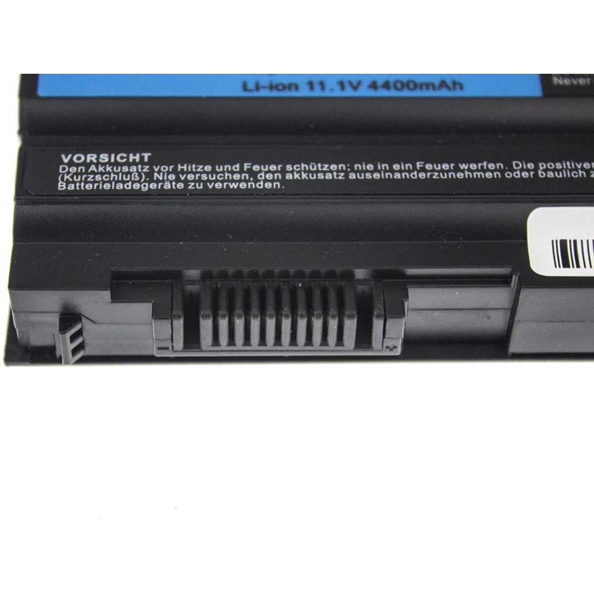 Batteria nera per laptop con testo di avvertimento, etichetta blu e connettore.