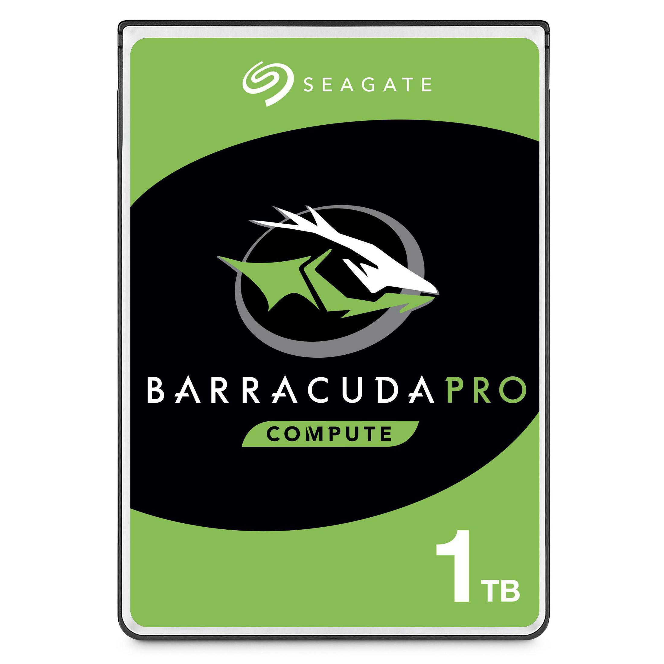 Hard disk Seagate Barracuda Pro Compute 1TB, etichetta verde e nera. Sfondo bianco.