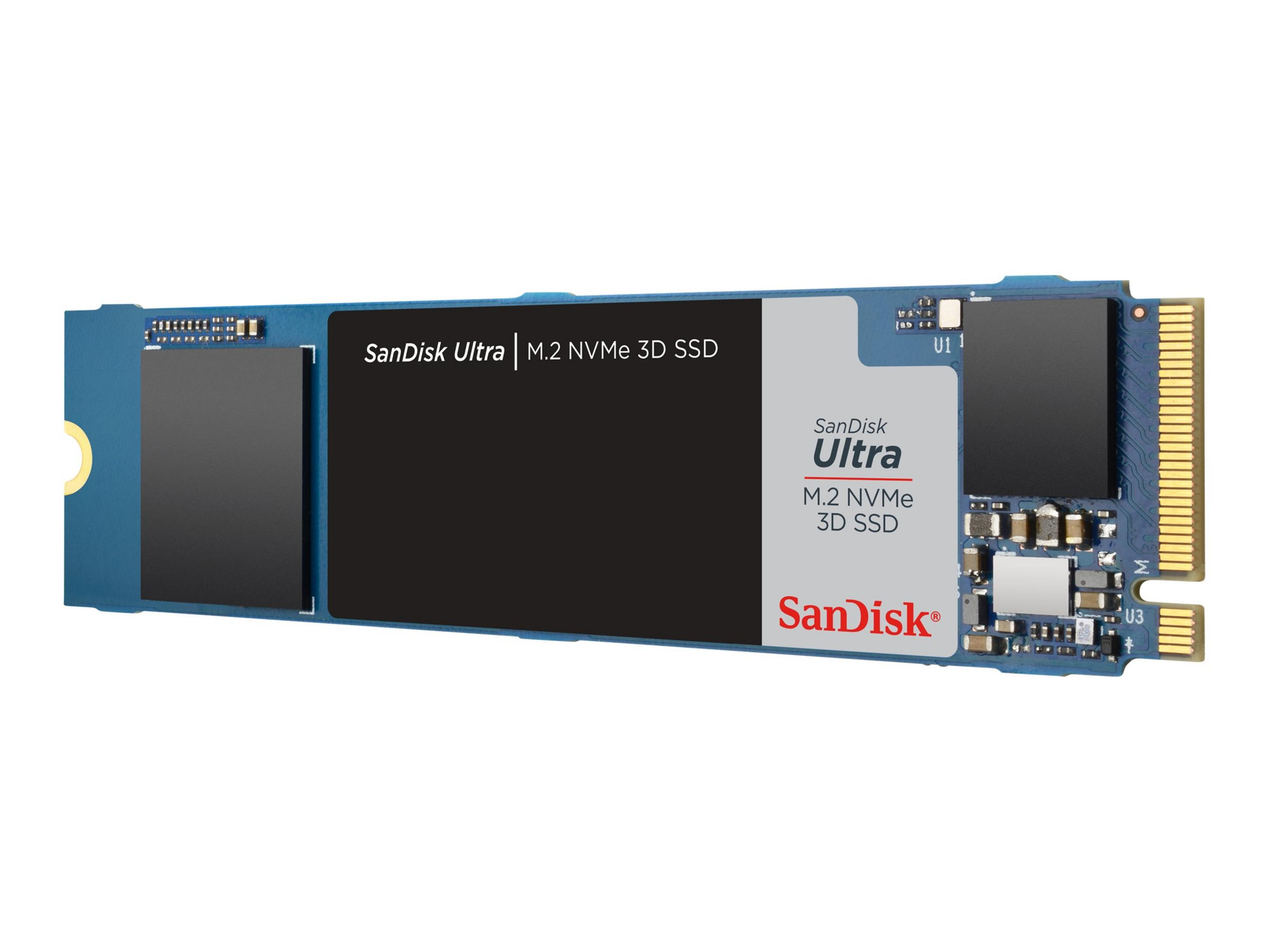 SanDisk Ultra M.2 NVMe 3D SSD. Niebieska i czarna karta z etykietą SanDisk Ultra.