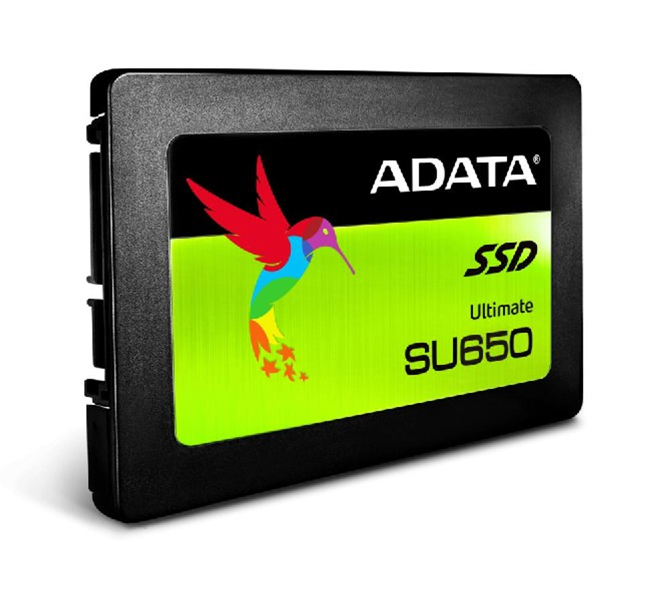 Czarny dysk SSD ADATA z kolorowym obrazem kolibra na zielonym tle. Izolowany.