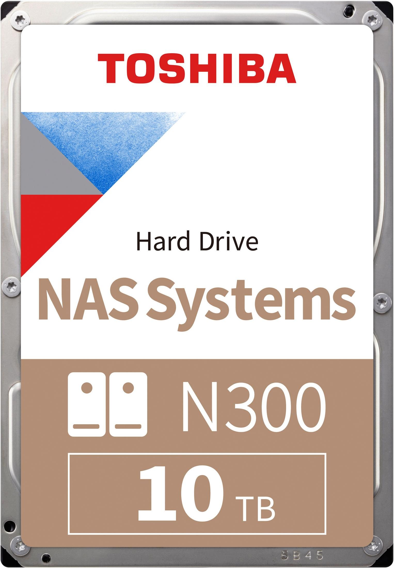 Disco rigido Toshiba con etichetta bianca. Dice 'NAS Systems N300 10 TB' in testo marrone.