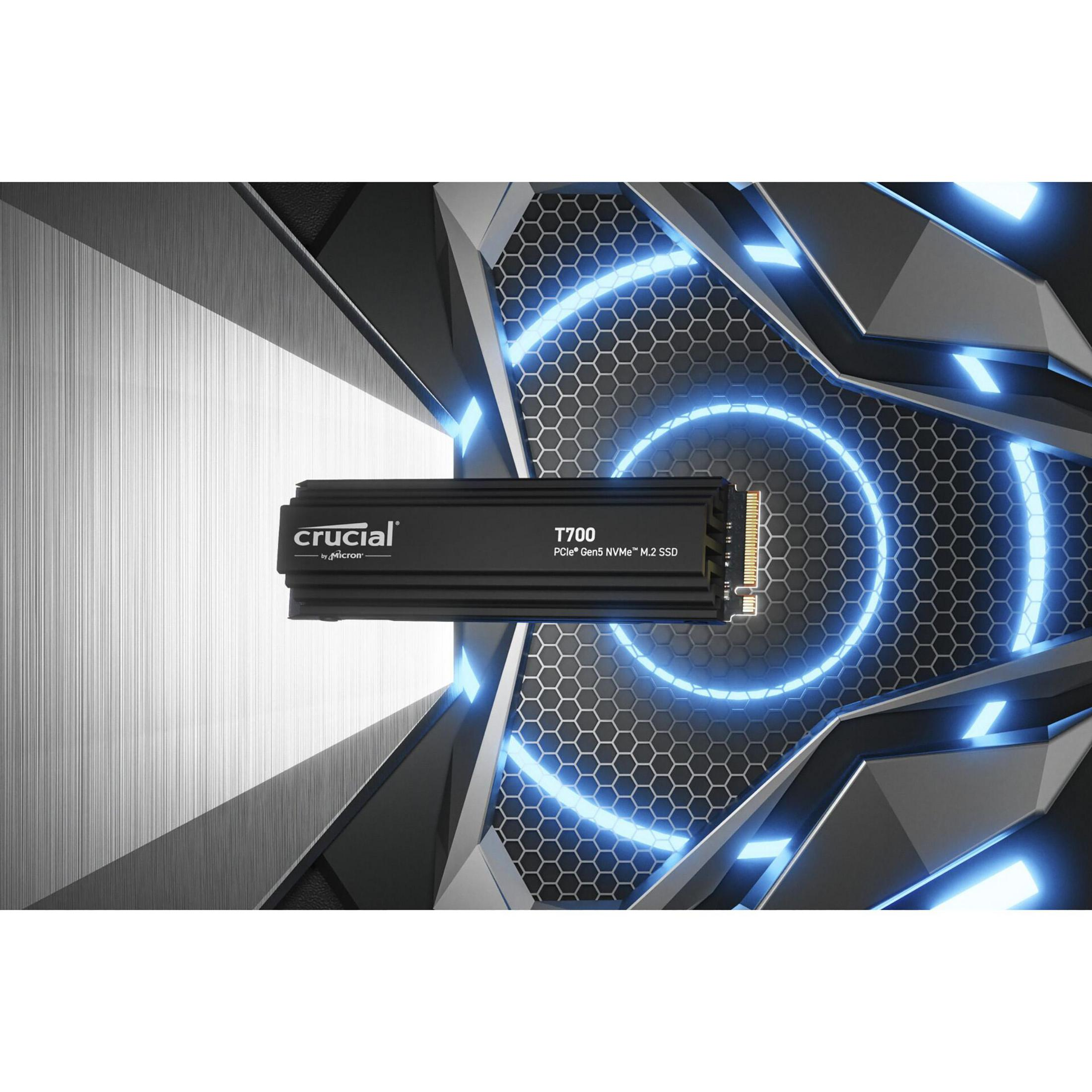 Czarny dysk SSD z marką Crucial i niebieskim świecącym wzorem.