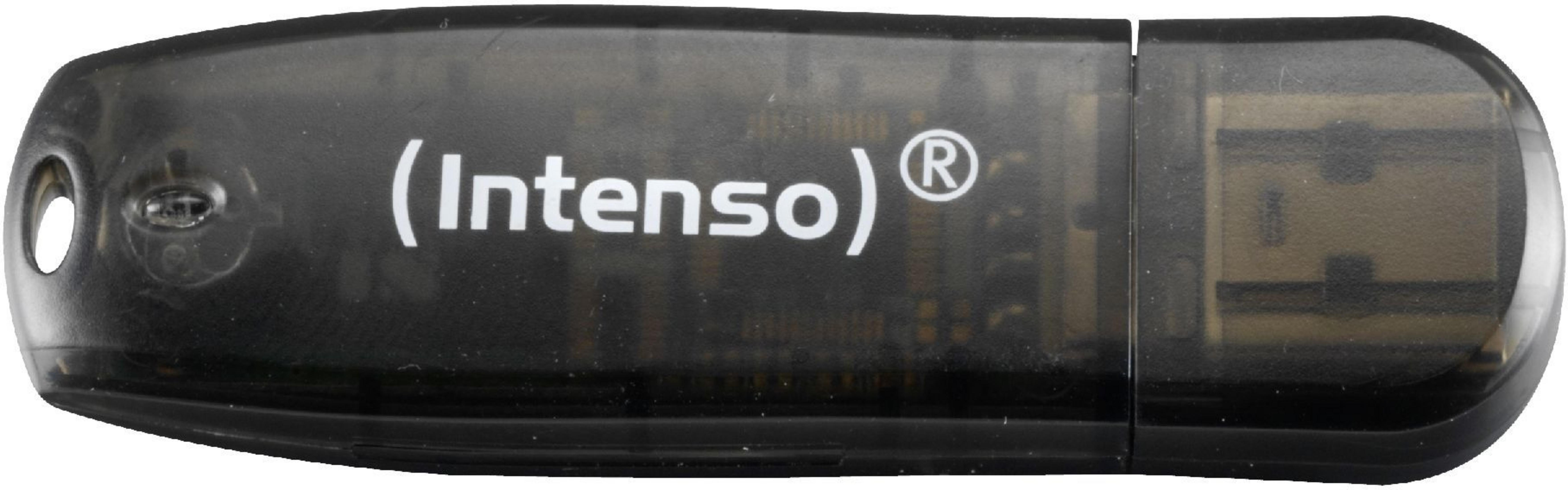 Zwarte, transparante USB-stick met de merknaam Intenso.