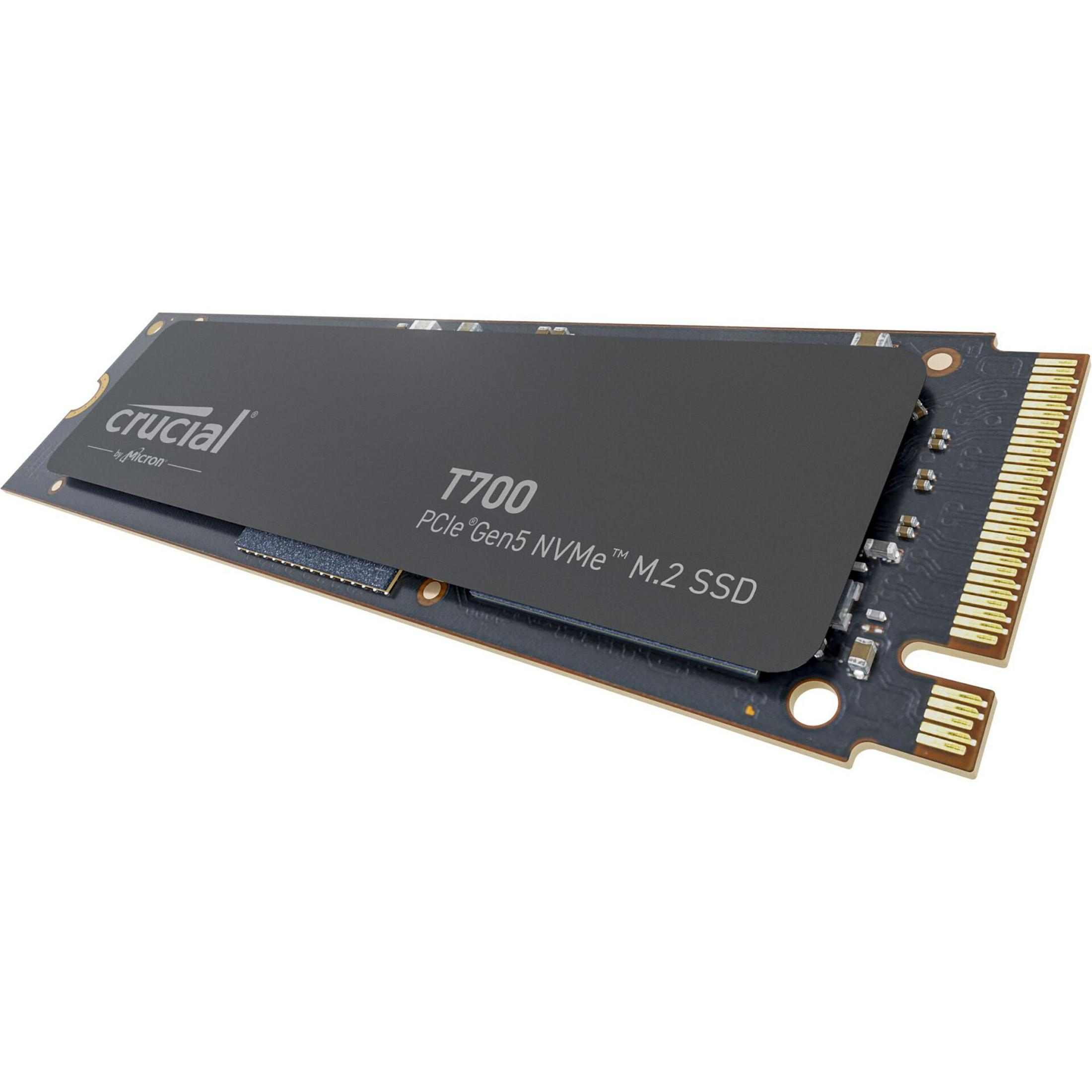 Karta SSD z czarnym radiatorem, tekstem 'T700 PCIe Gen5 NVMe M.2 SSD' i logo Crucial.