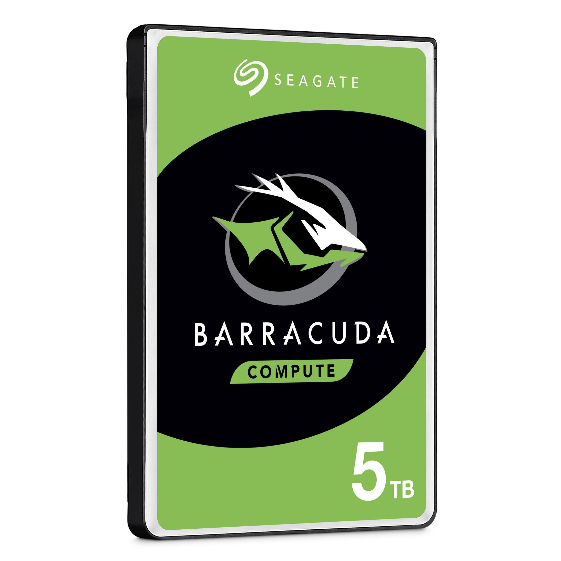 Dysk twardy Seagate Barracuda 5TB w czarno-zielonej obudowie z logo.