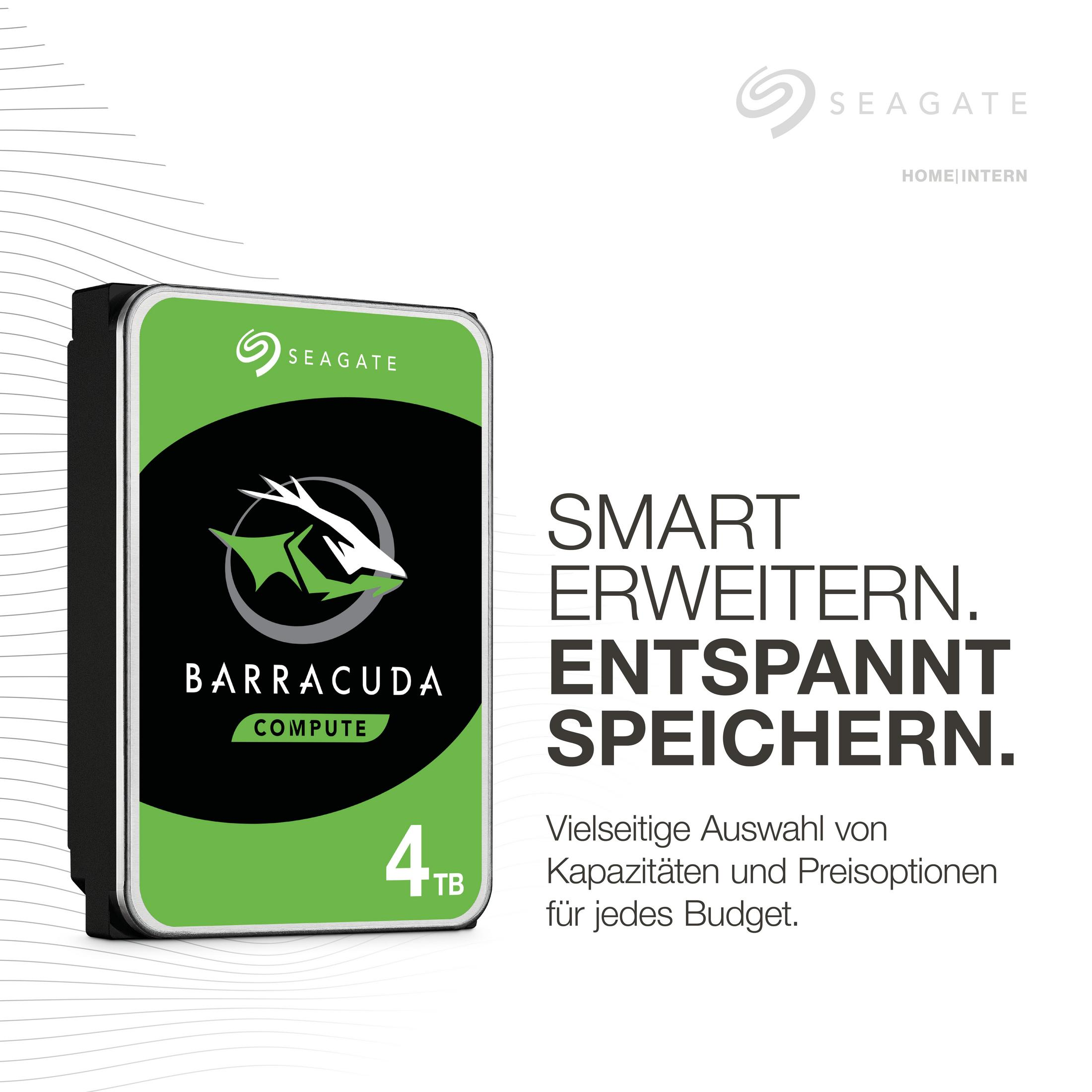 Disco rigido con etichetta verde e la parola Barracuda. Ha il logo Seagate e la scritta '4TB'.