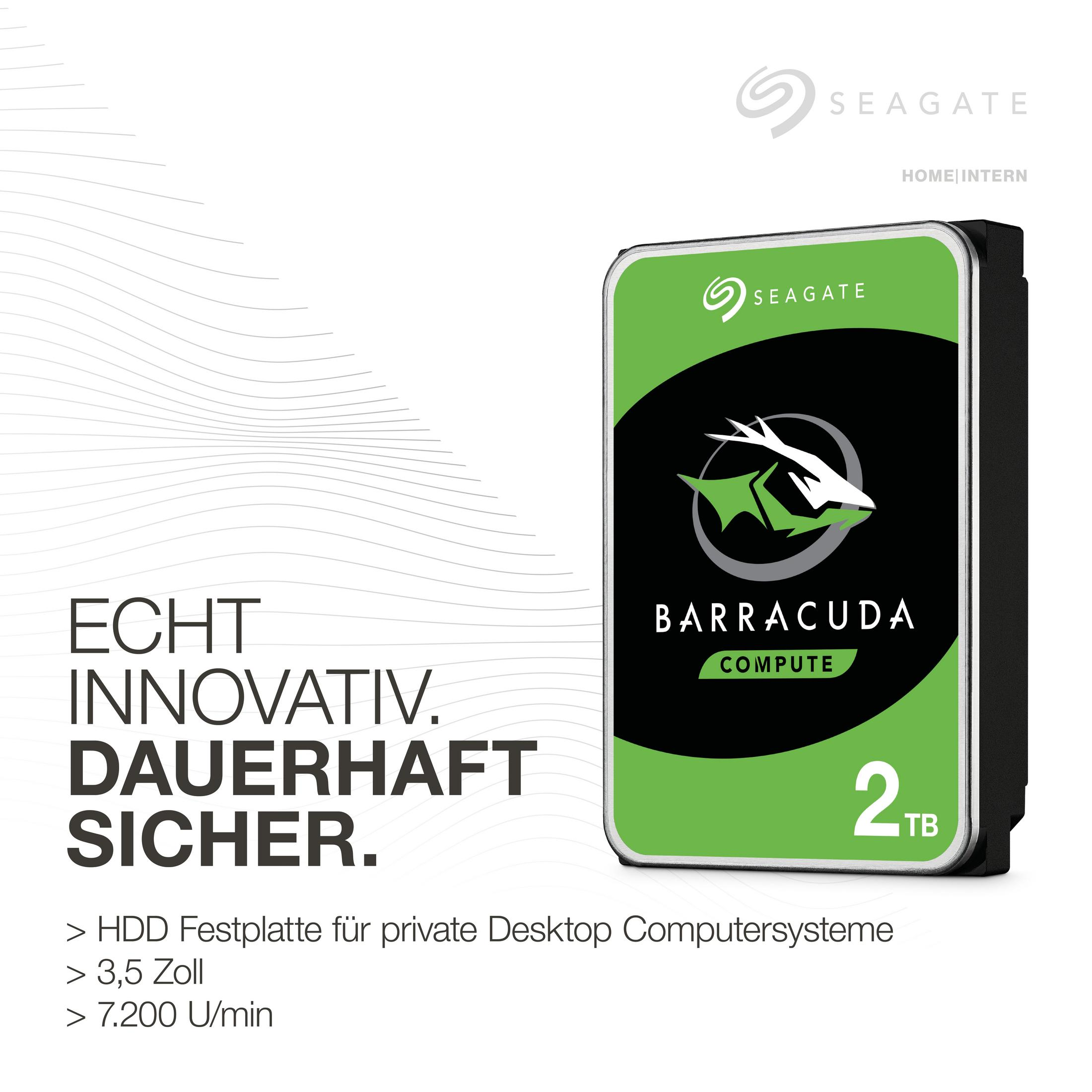 Hard disk Seagate Barracuda 2TB, con testo e logo, isolato su bianco.