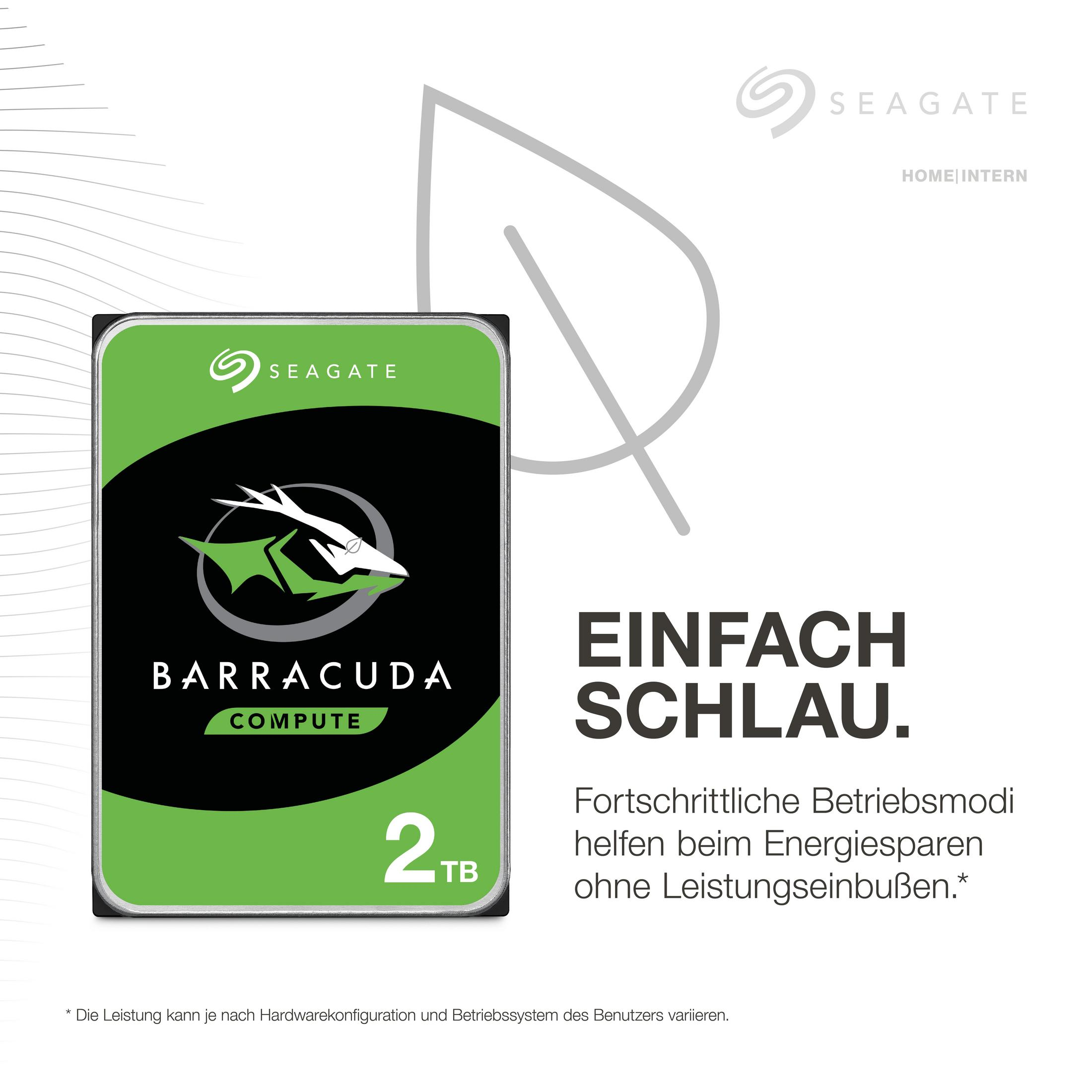 Un disco rigido Seagate Barracuda, verde e nero, con testo e una grafica a foglia. Il testo dice 'BARRACUDA COMPUTE'.