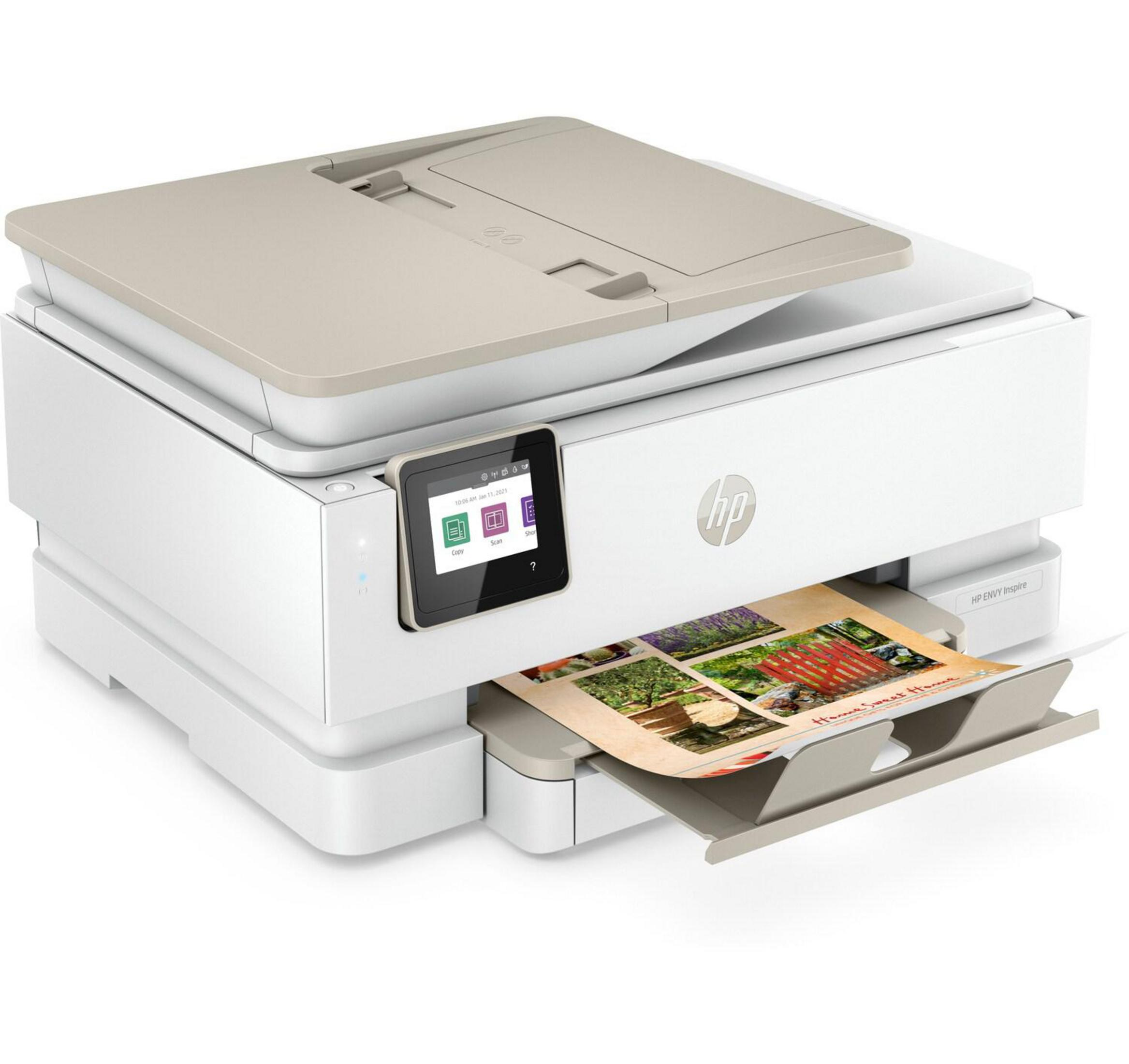 Weißer und beigefarbener HP ENVY Inspire Drucker. Er hat einen Bildschirm und druckt ein farbenfrohes Bild.