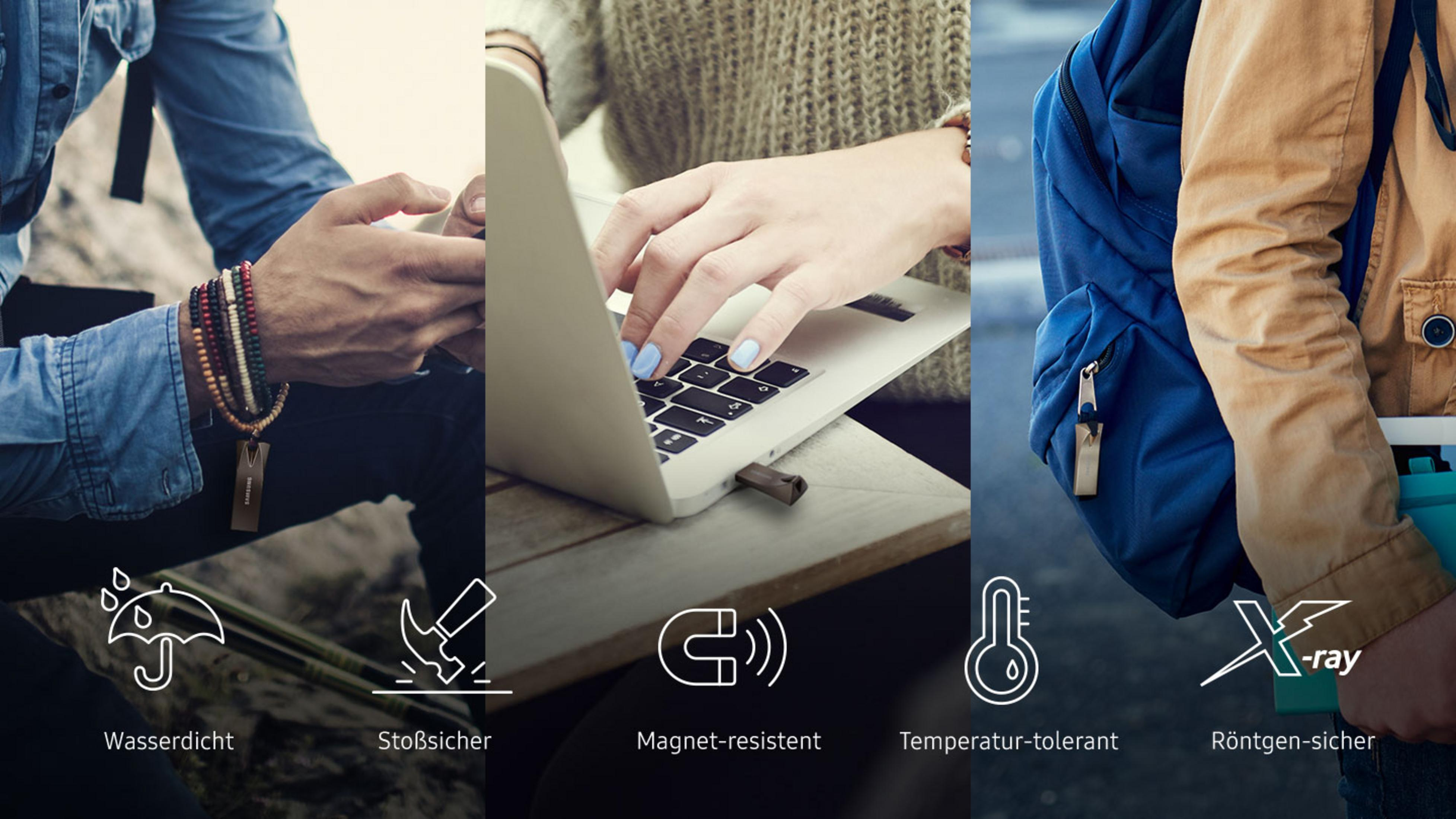 Kolaż z czterema obrazami przedstawiającymi scenariusze użytkowania pamięci USB i ikonami poniżej.