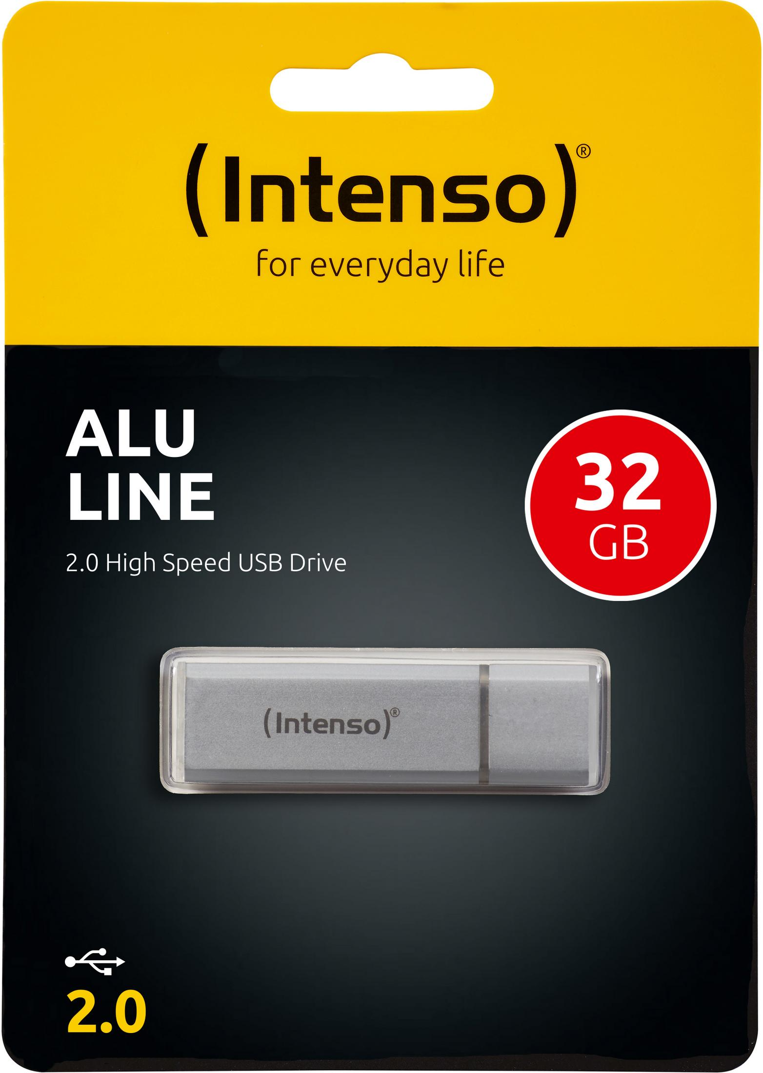 Opakowanie srebrnego dysku USB, oznaczone jako 'ALU LINE' i '32 GB' z marką Intenso.