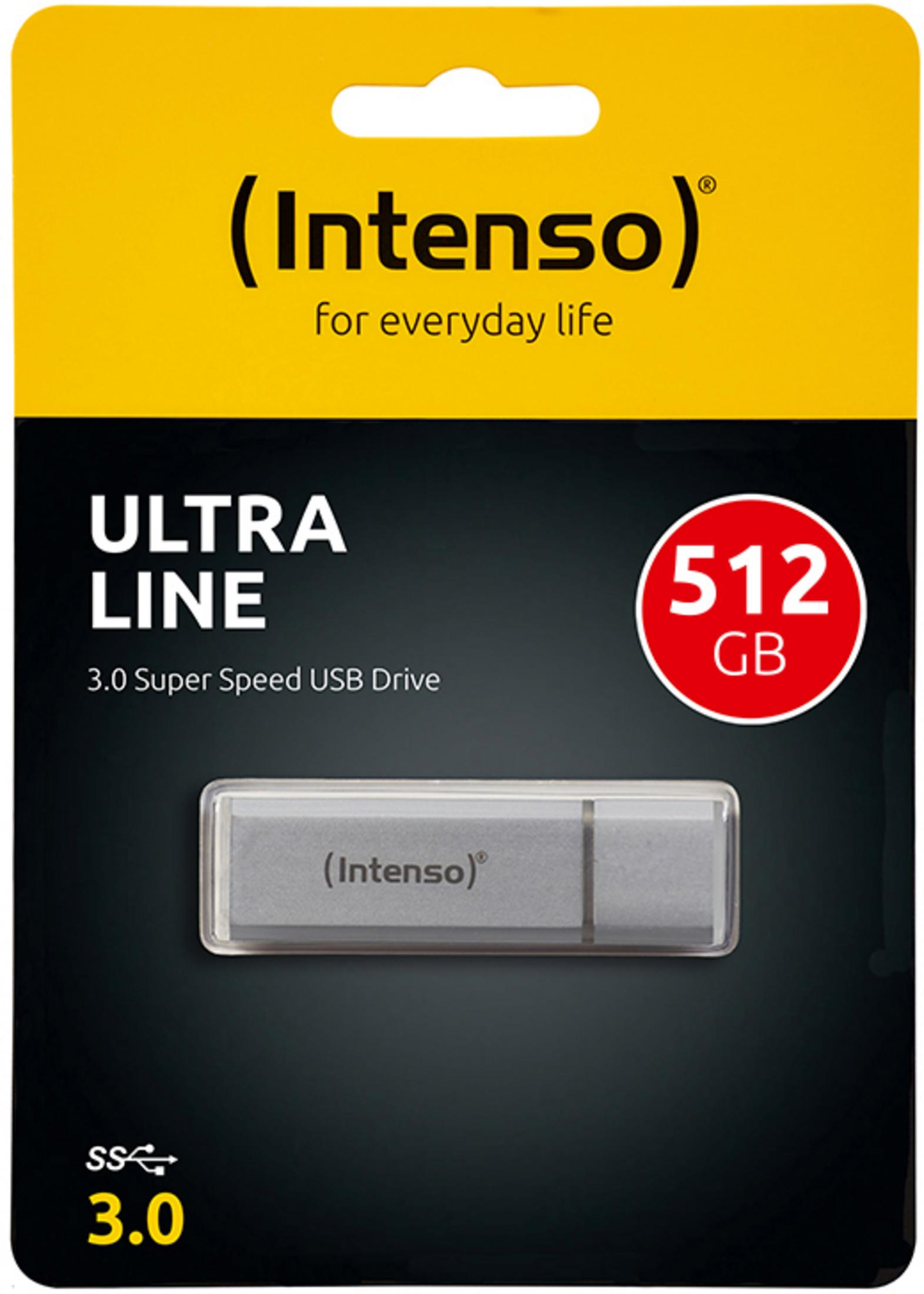 Pendrive w opakowaniu. Etykieta głosi Ultra Line 3.0 Super Speed, 512 GB. Marka to Intenso.