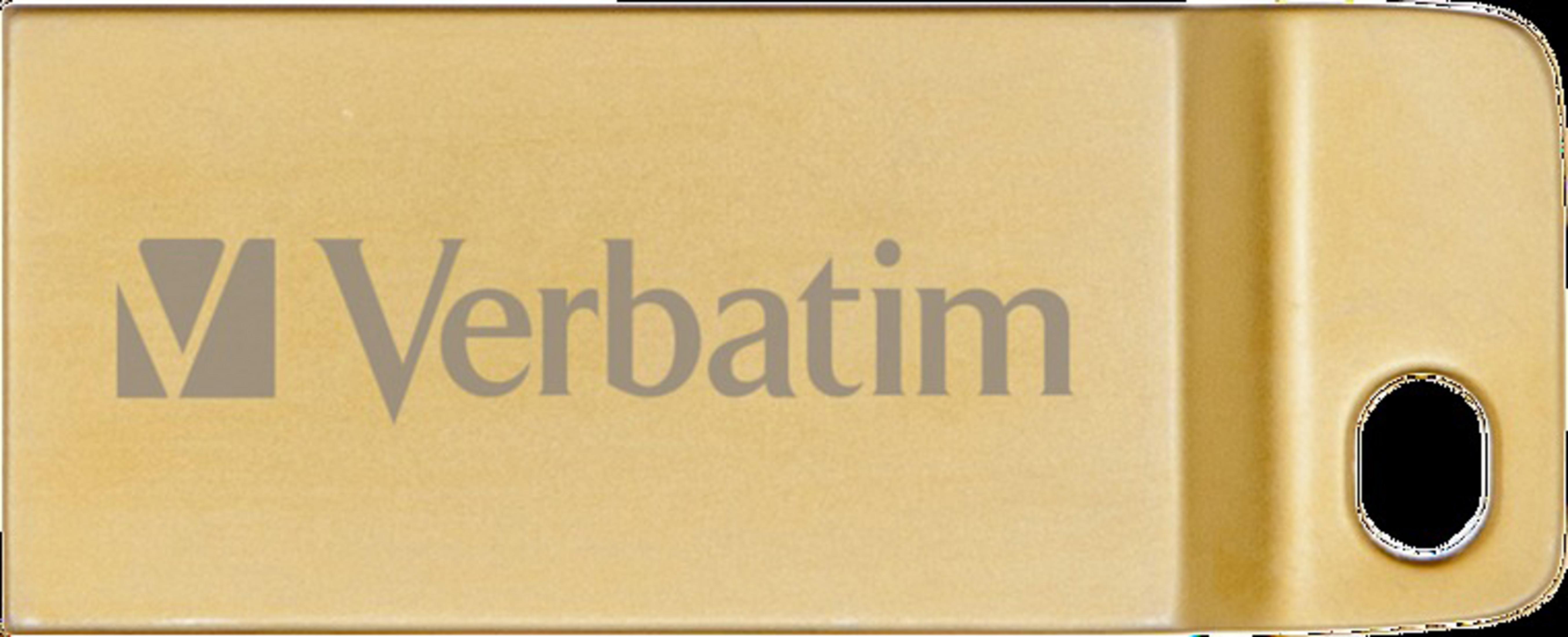 Złoty pendrive Verbatim na białym tle.