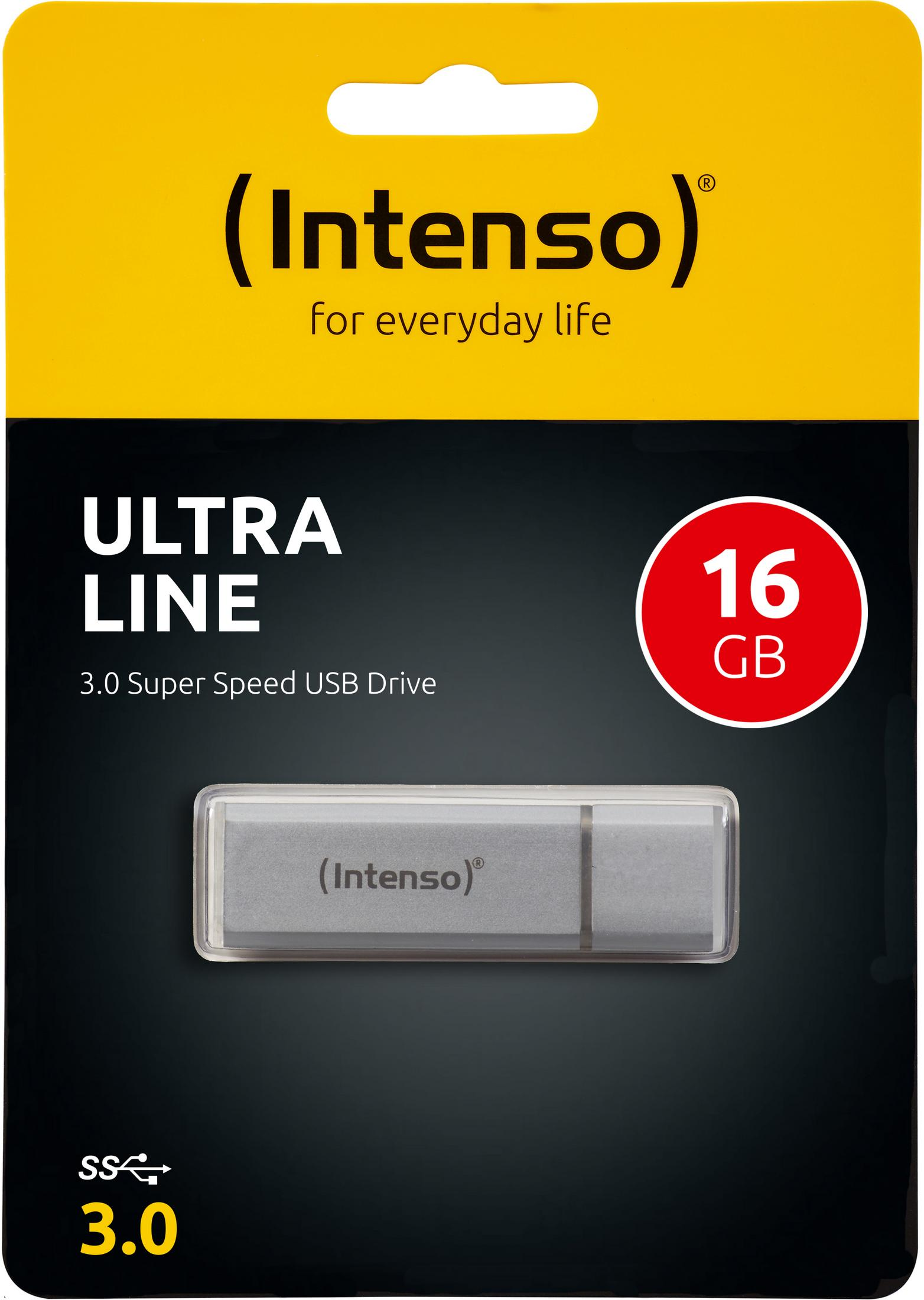 A USB flash drive on a package with the brand Intenso and a 16 GB label.