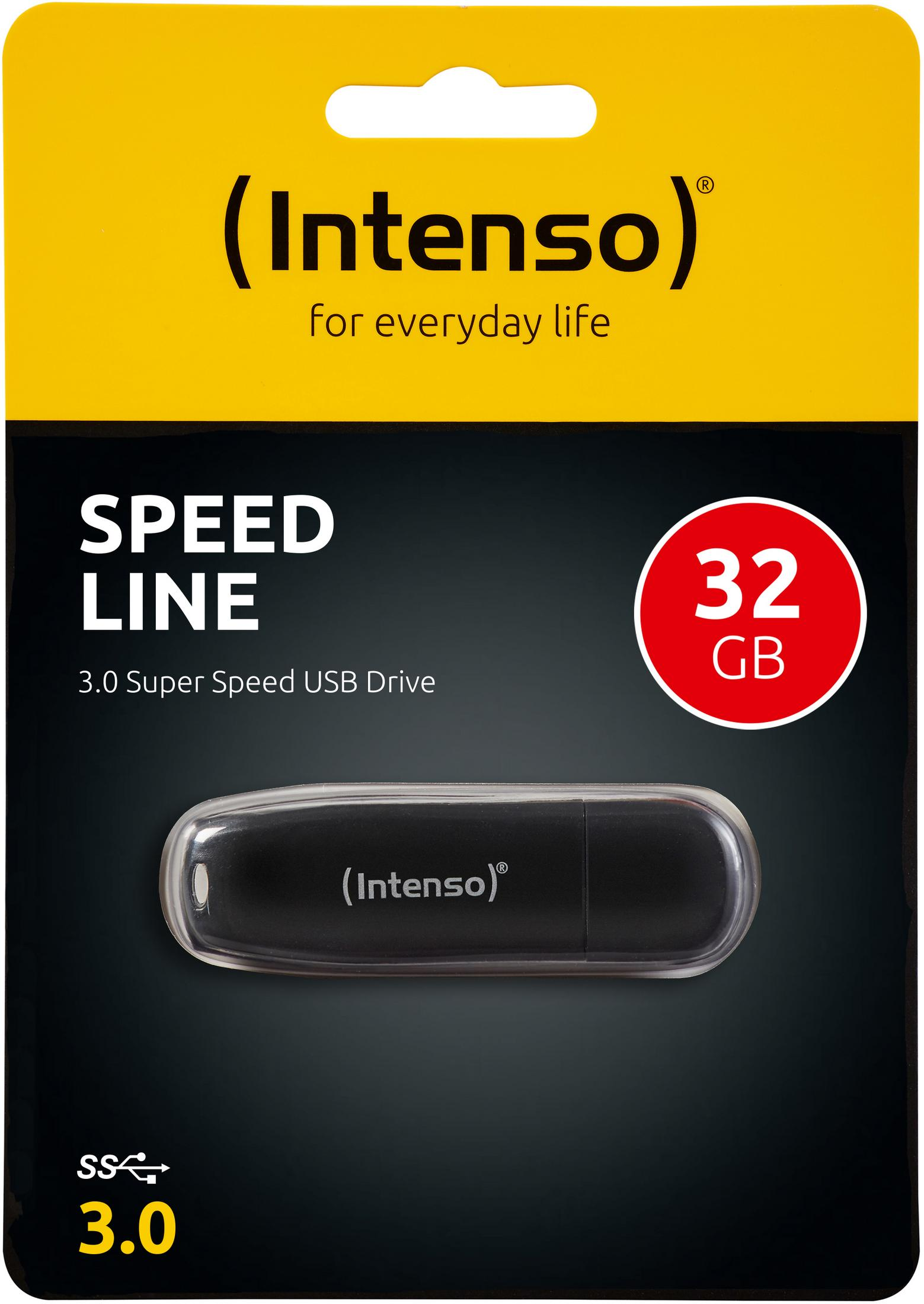 Black USB drive in a yellow and black package. Text: SPEED LINE 3.0 Super Speed USB Drive.