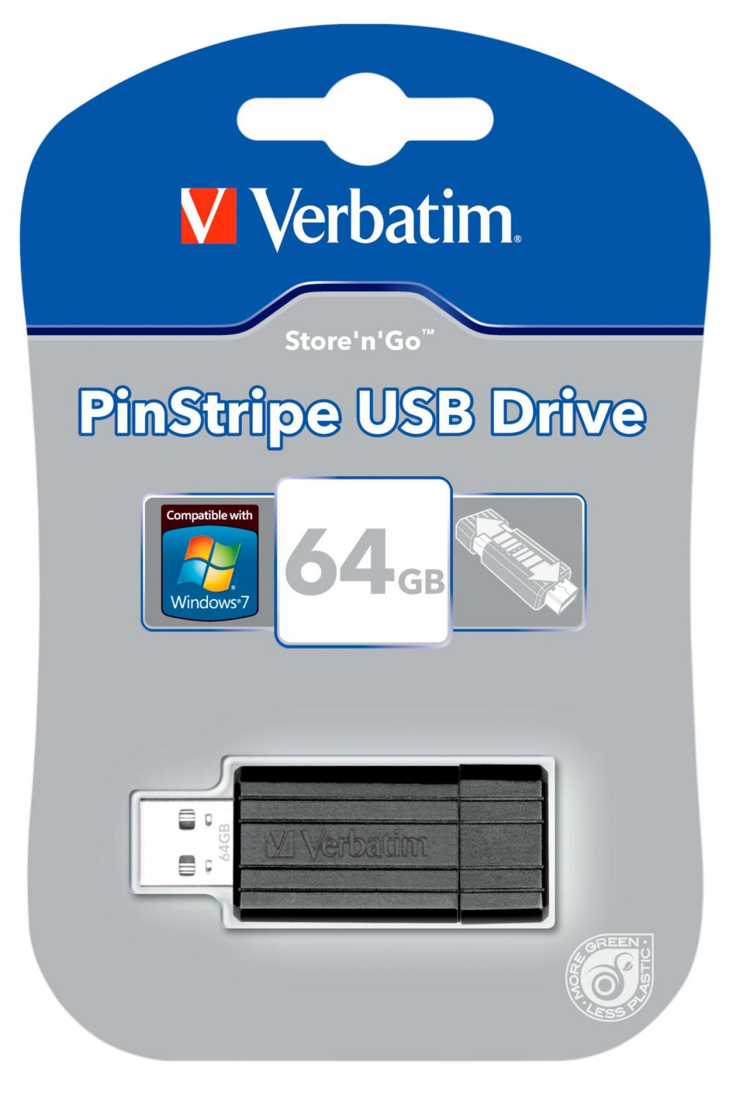 Dysk USB Verbatim PinStripe w opakowaniu. Pokazuje pojemność 64 GB i obraz dysku USB.
