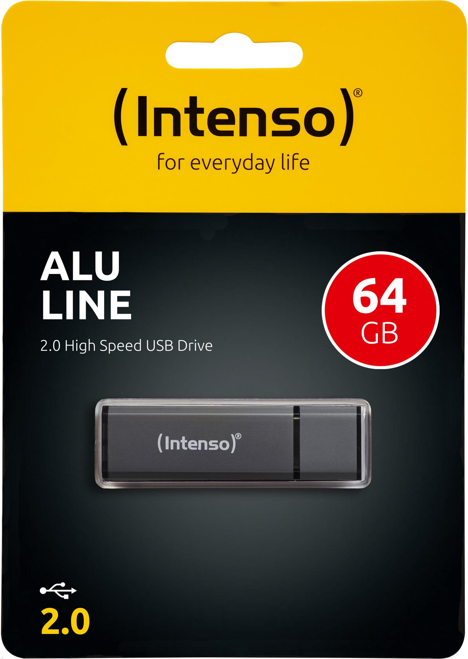 A USB drive in a package. It is a black USB drive with the Intenso logo.
