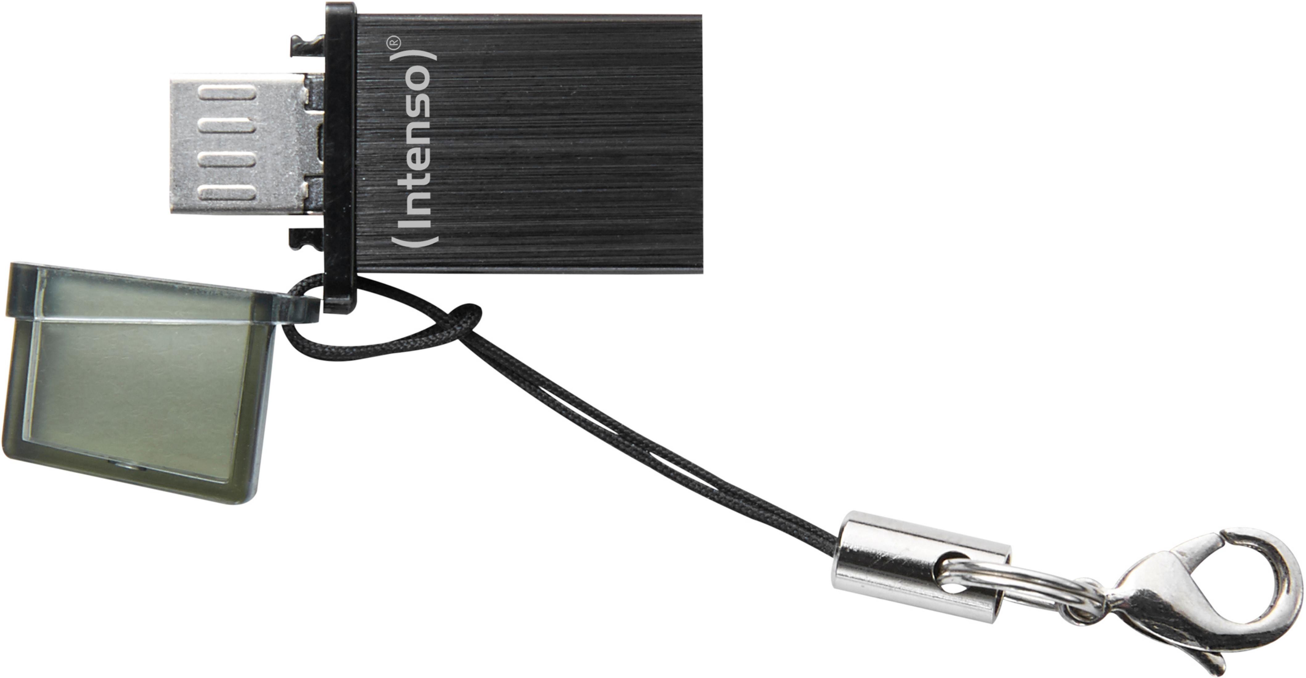 Czarny pendrive USB ze srebrną klamrą i sznurkiem. Otwarta nasadka po lewej stronie.