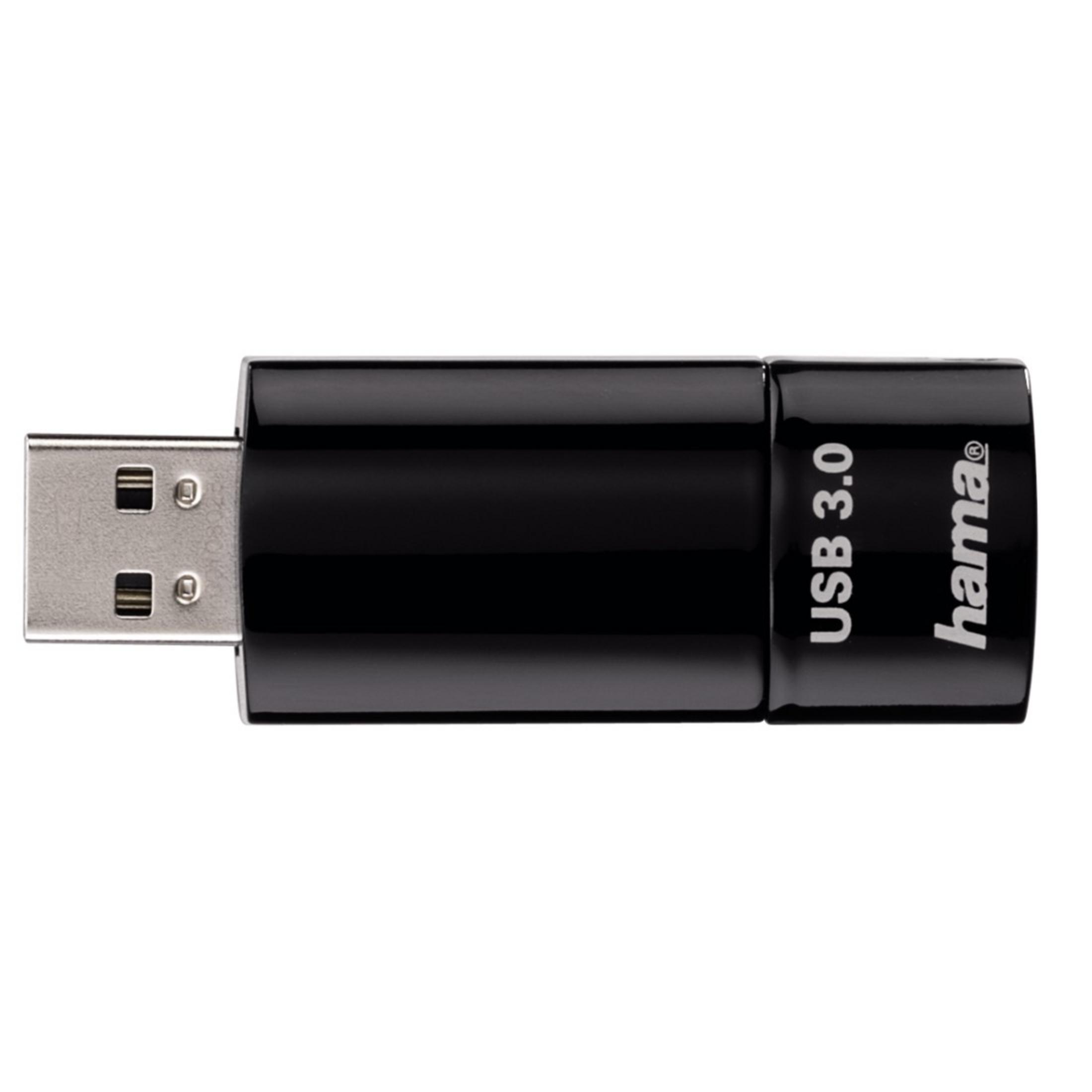 Une clé USB 3.0 noire. La marque 'hama' est visible sur l'appareil.