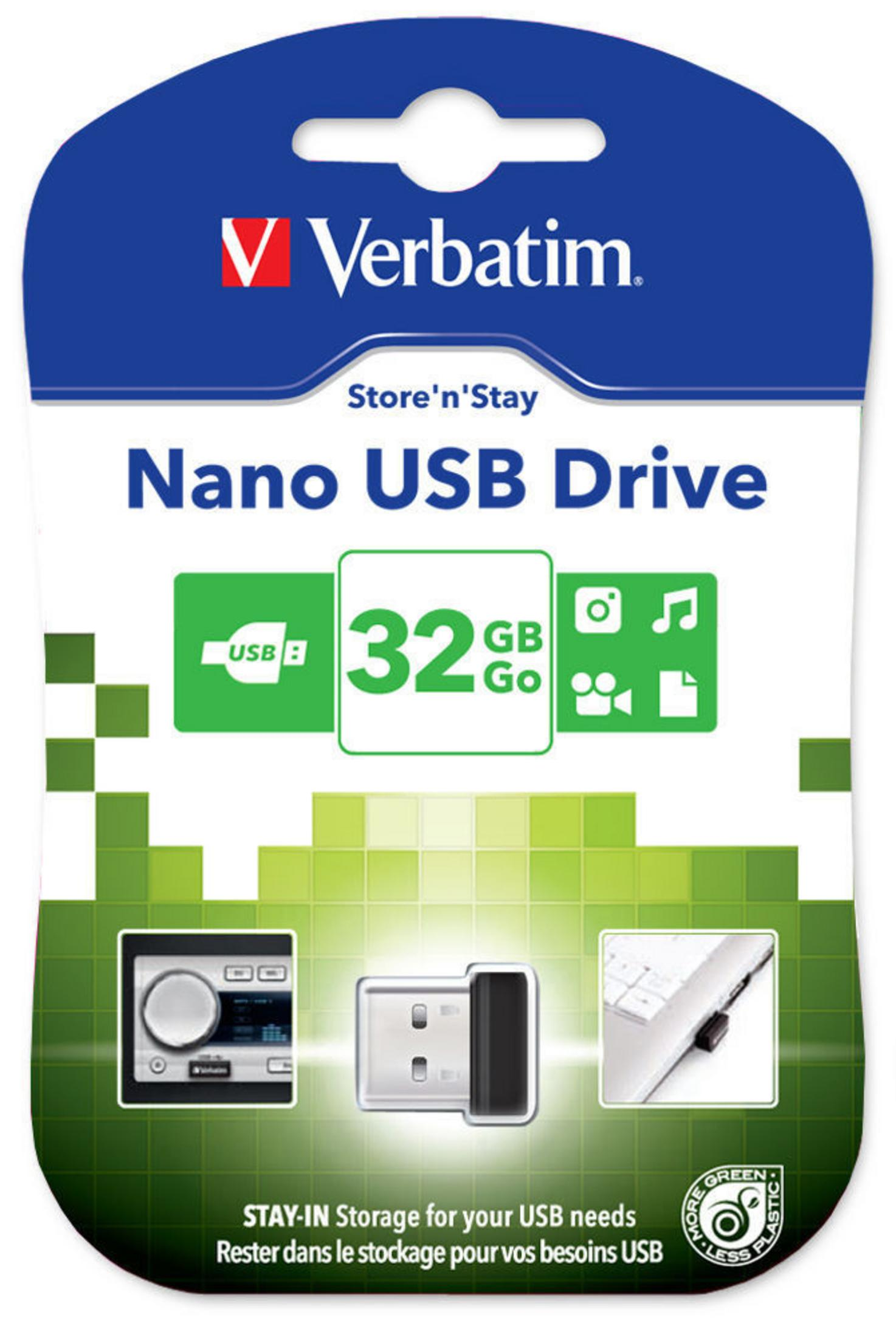 Opakowanie Verbatim Nano USB Drive. Niebiesko-białe ze zdjęciem dysku USB.