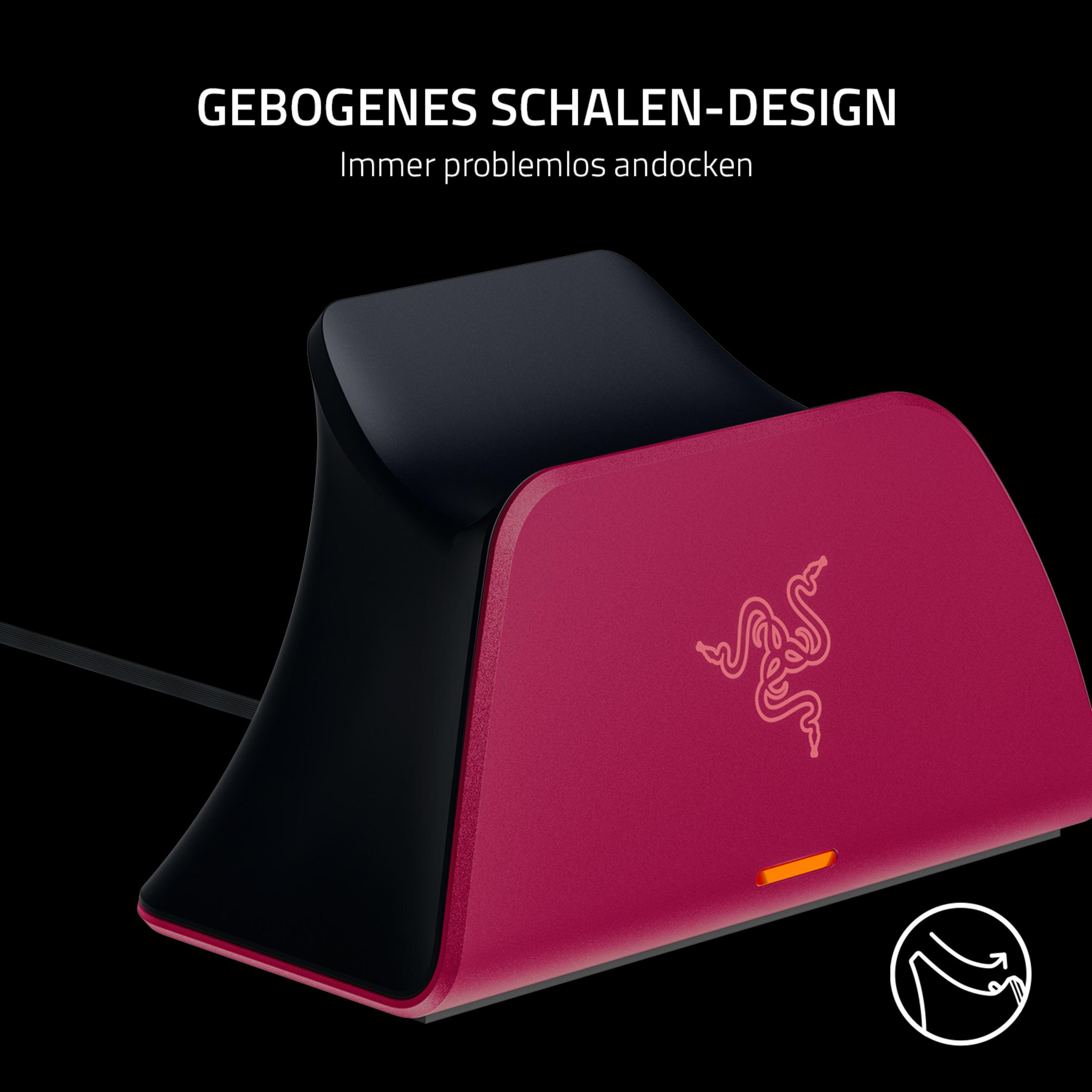 Estación de carga Razer roja y negra con logo, sobre fondo negro.