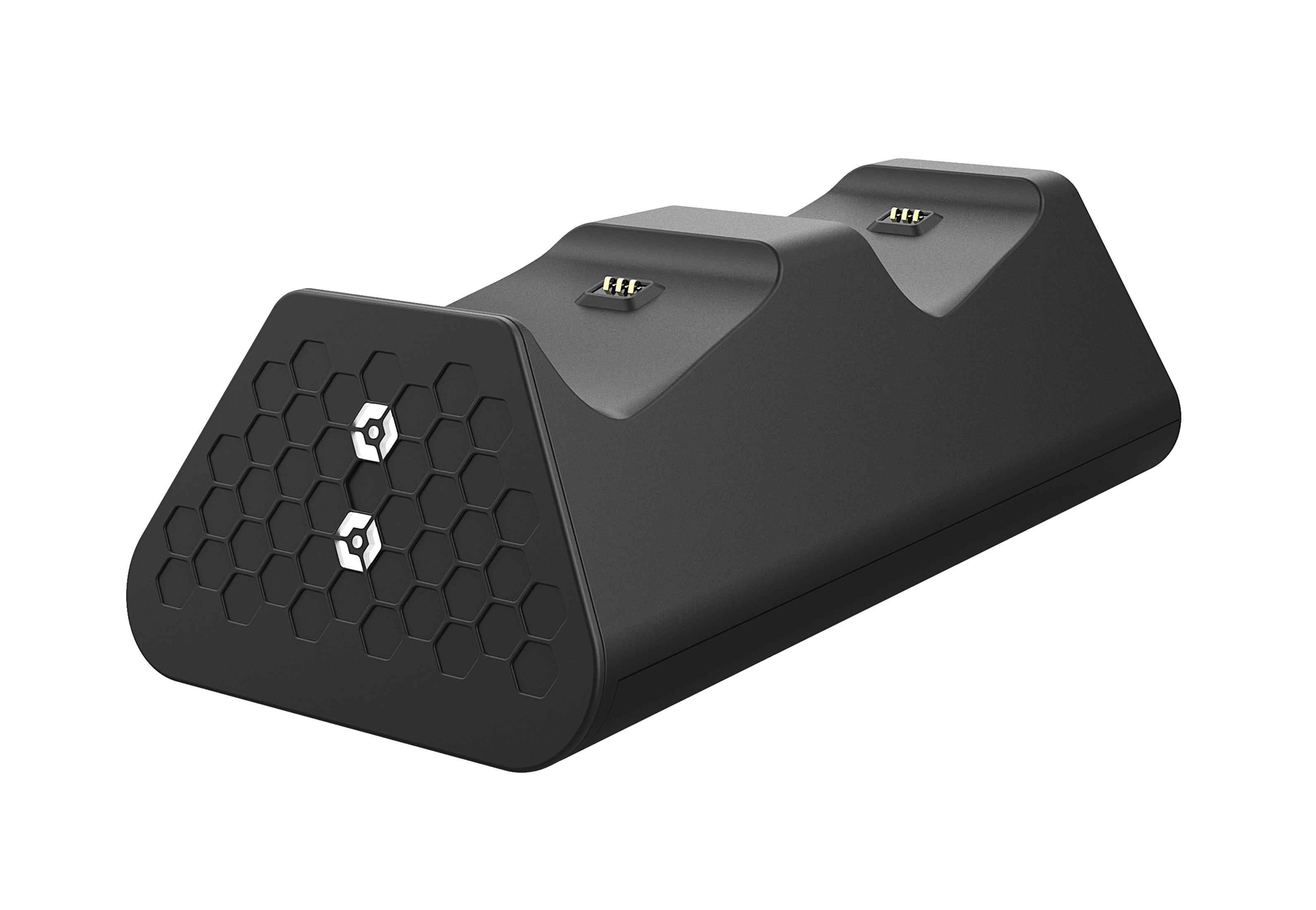 Schwarze Ladestation für Gamecontroller. Es hat zwei Ladestationen und Sechseck-Design.