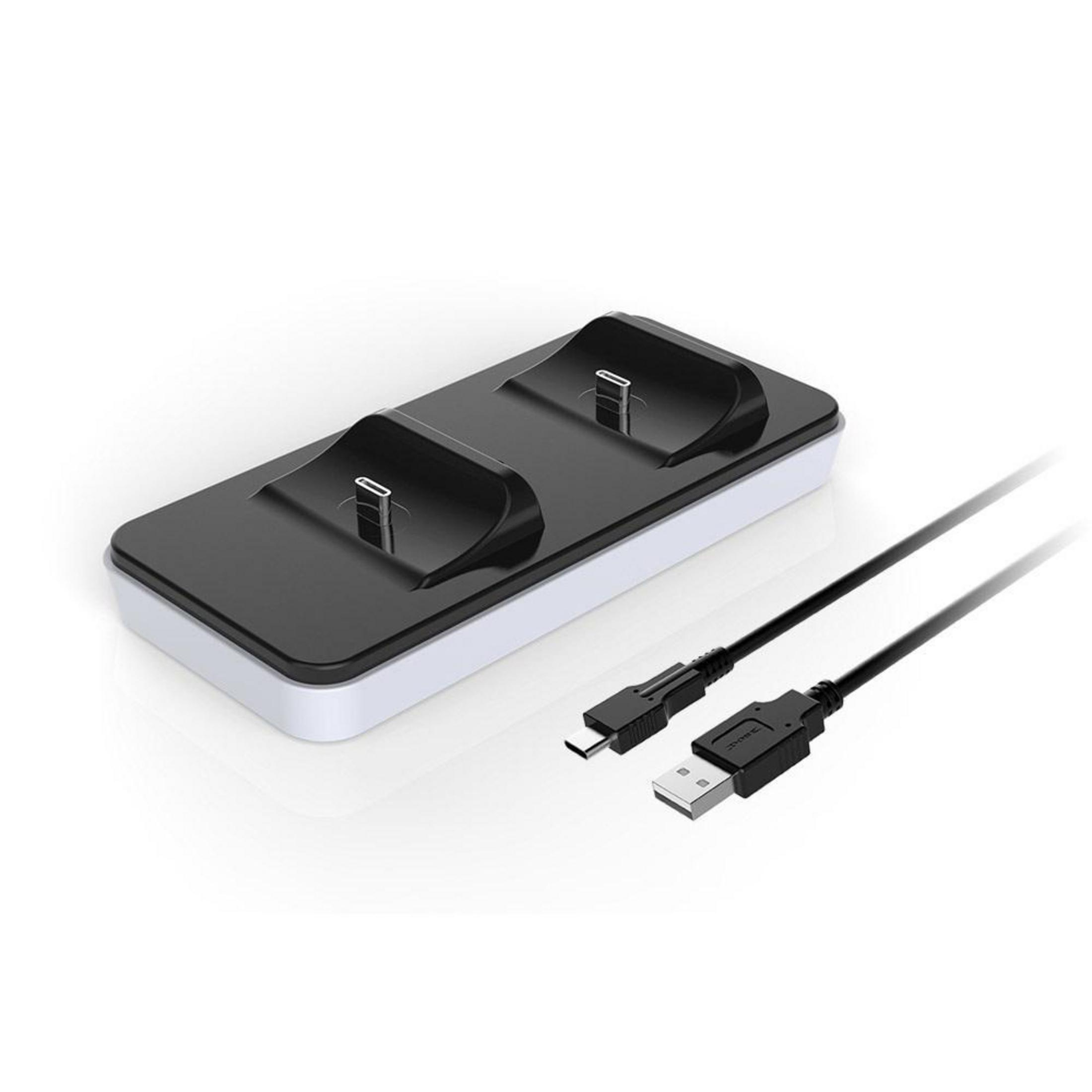 Schwarz-weißes Dual-Ladedock mit zwei Ladeanschlüssen und USB-Kabeln.