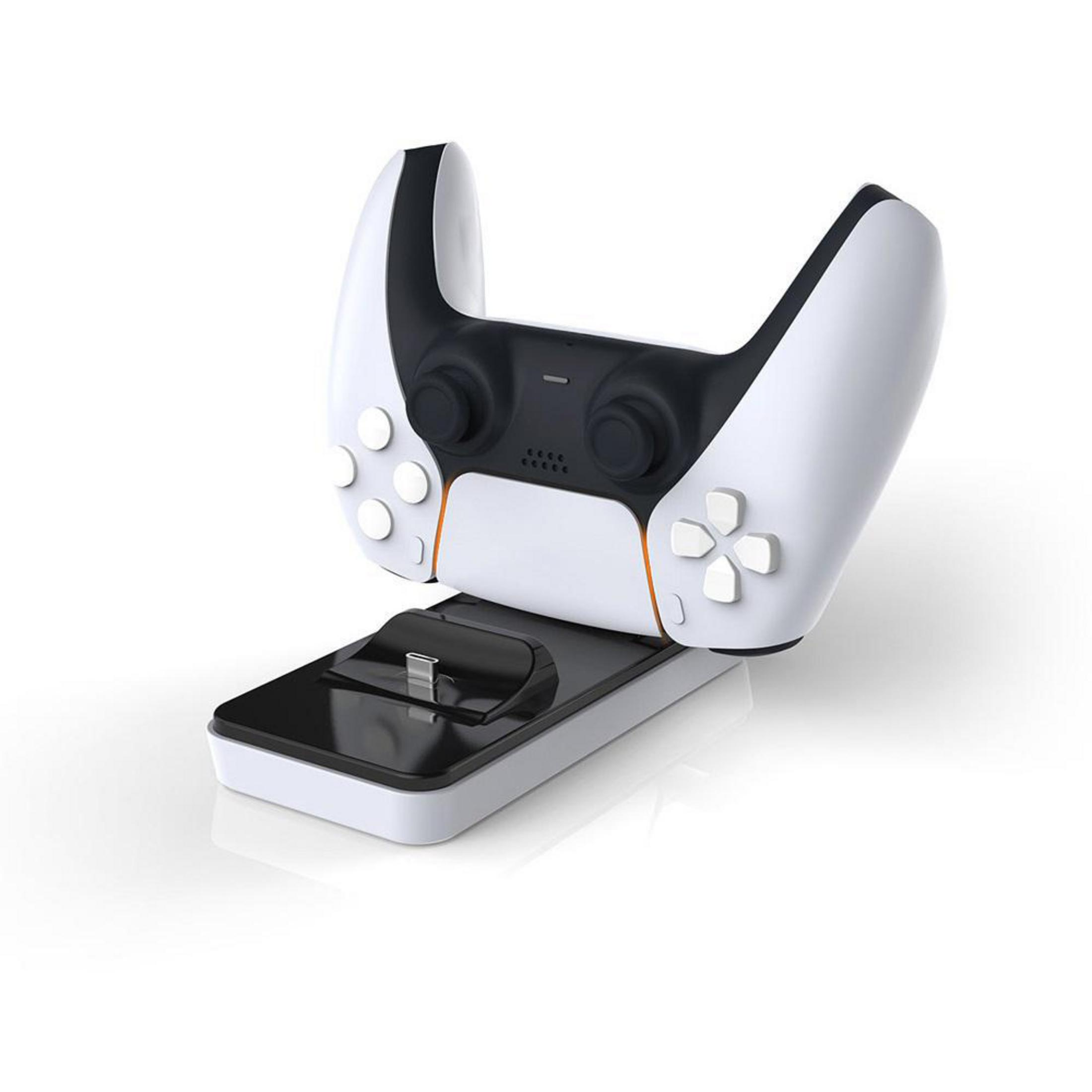 PlayStation 5-Controller auf einer Ladestation. Weißer Controller, schwarze Basis.