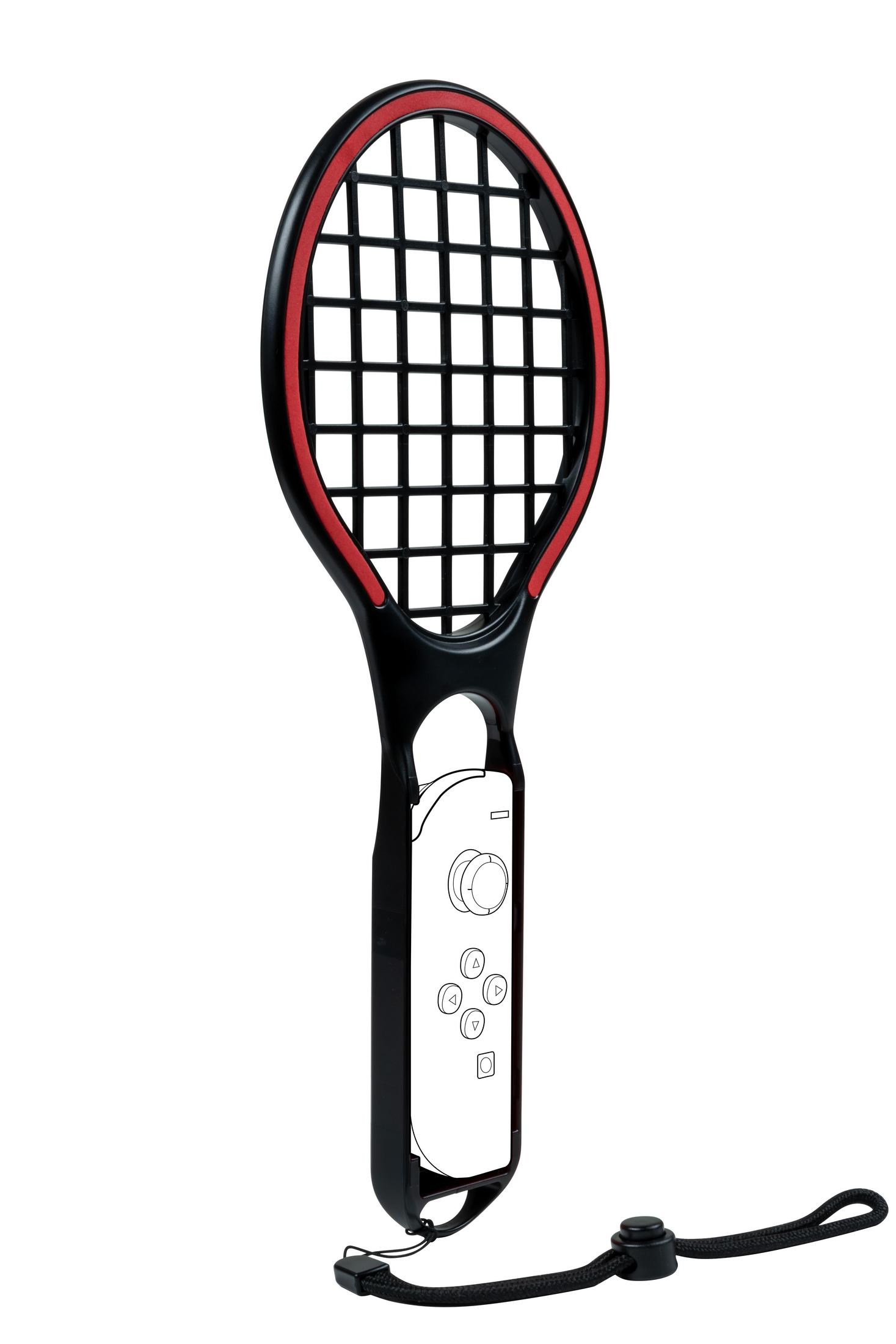 Czarno-czerwony kontroler w kształcie rakiety tenisowej z białym obrysem Nintendo Switch.