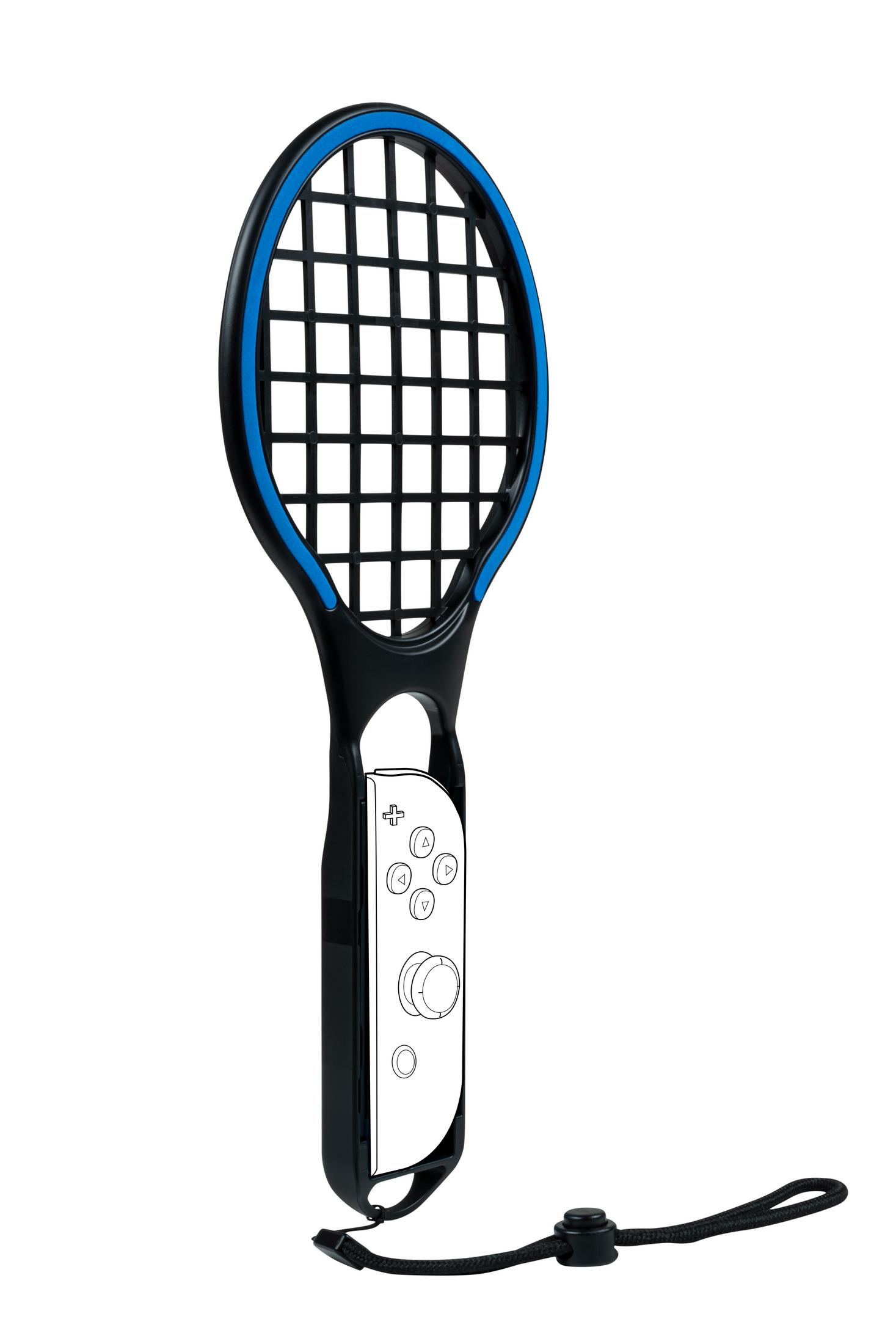 Czarny i niebieski kontroler zaprojektowany tak, aby wyglądał jak rakieta tenisowa, z paskiem na nadgarstek.