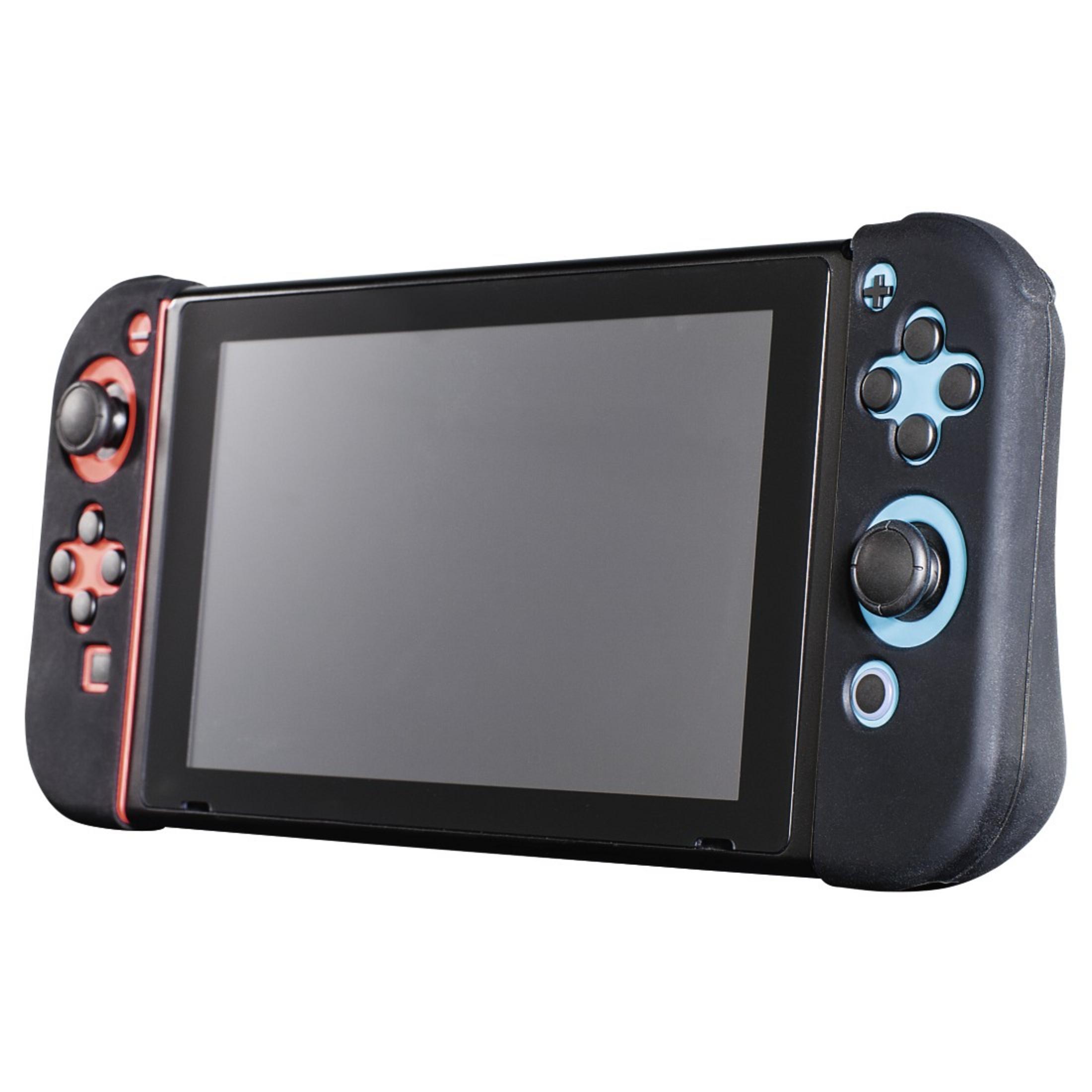 Schwarzer und roter Controller für eine Handheld-Konsole. Der Bildschirm ist leer.