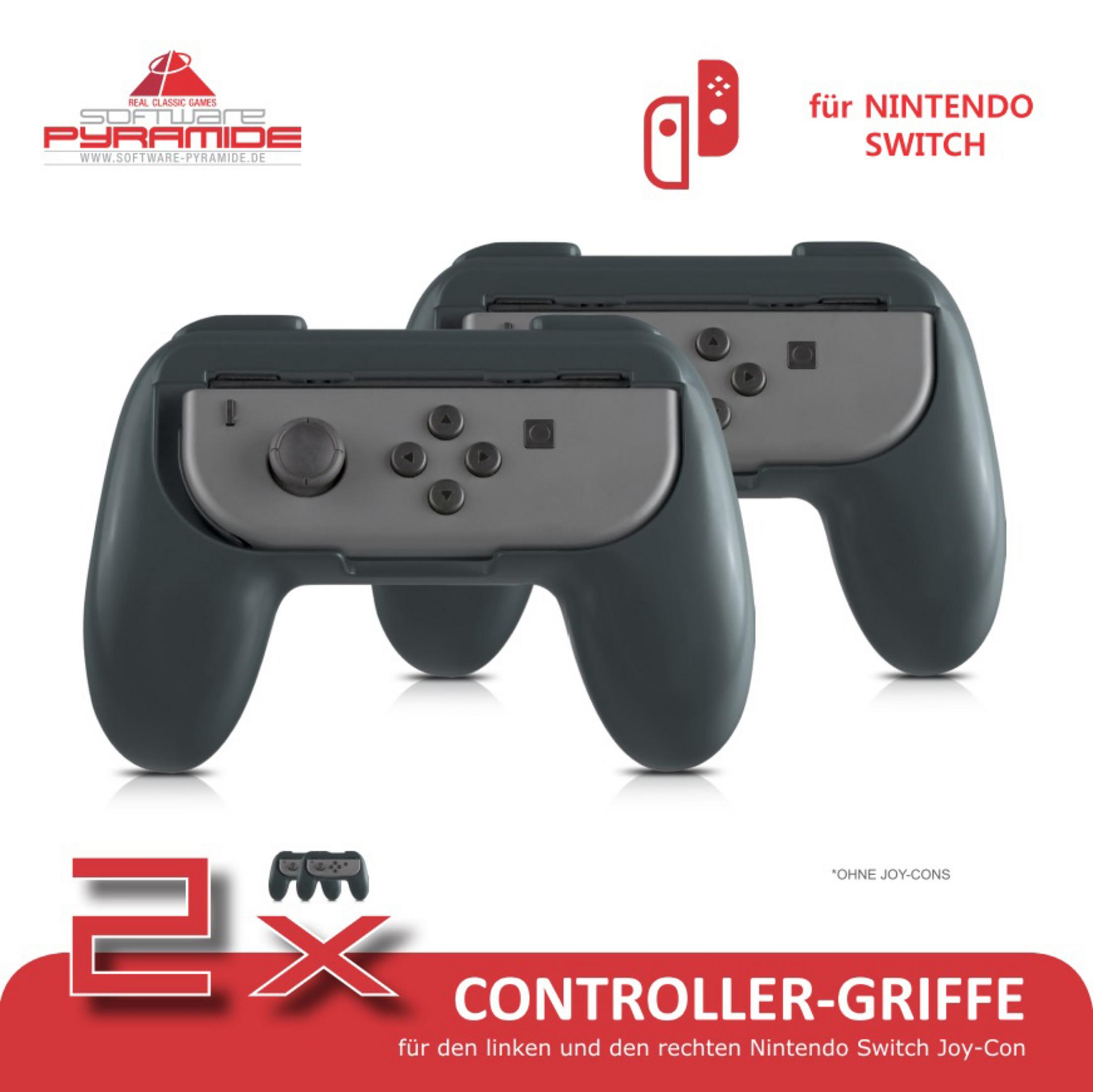 Zwei graue Gamecontroller für Nintendo Switch mit Knöpfen und einem Joystick.