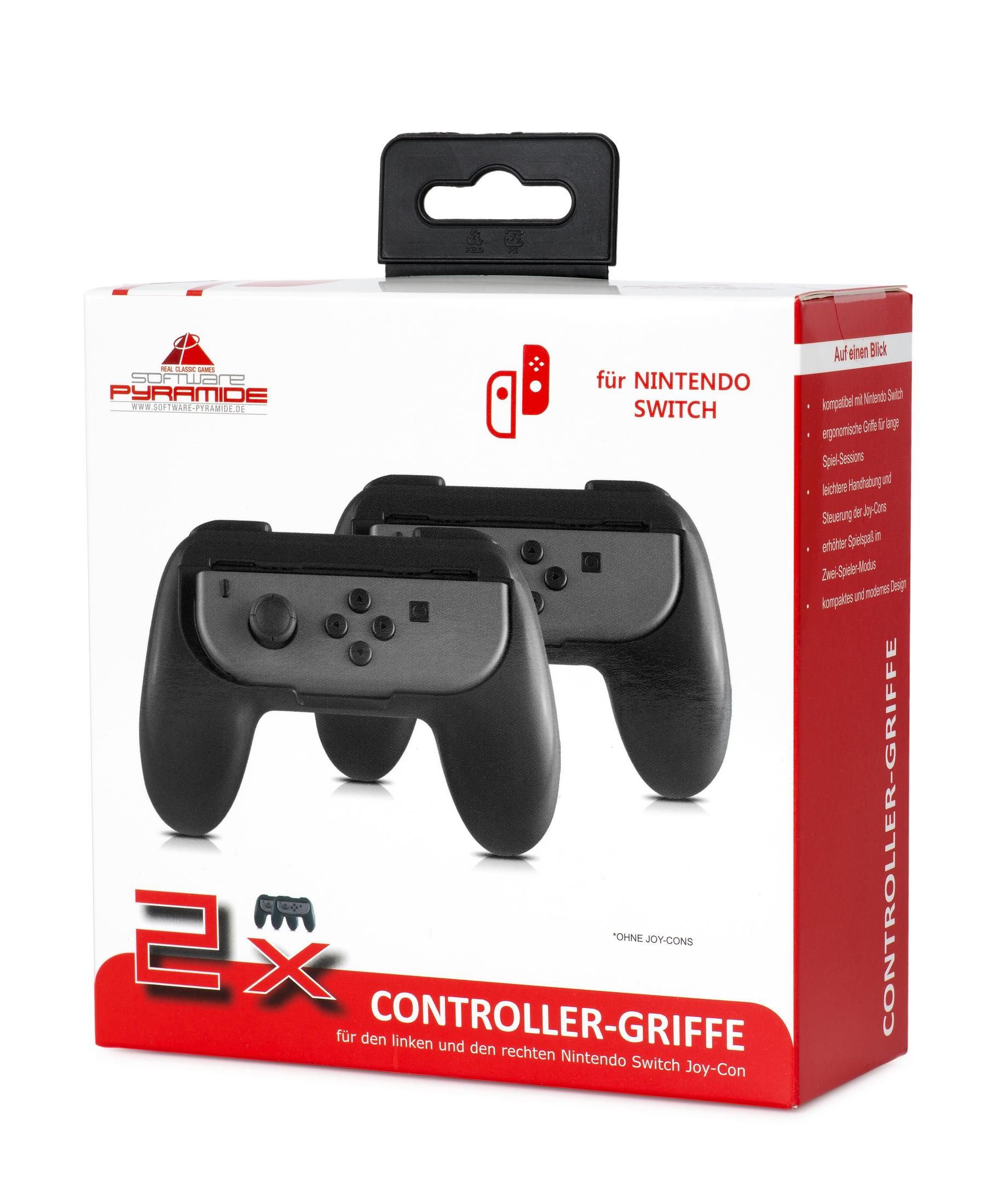 Eine Box mit zwei schwarzen Nintendo Switch Controller-Griffen. Die Box hat rote und weiße Farben.