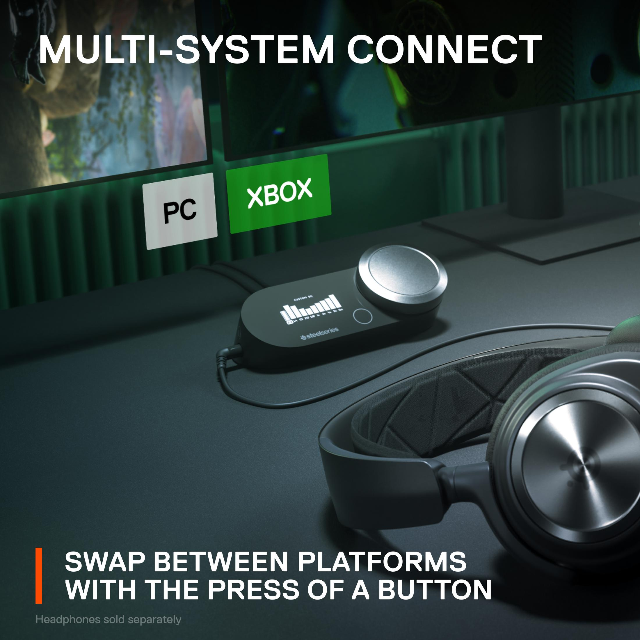 Connessione multi-sistema, un'impostazione di gioco, cuffie e un dispositivo.