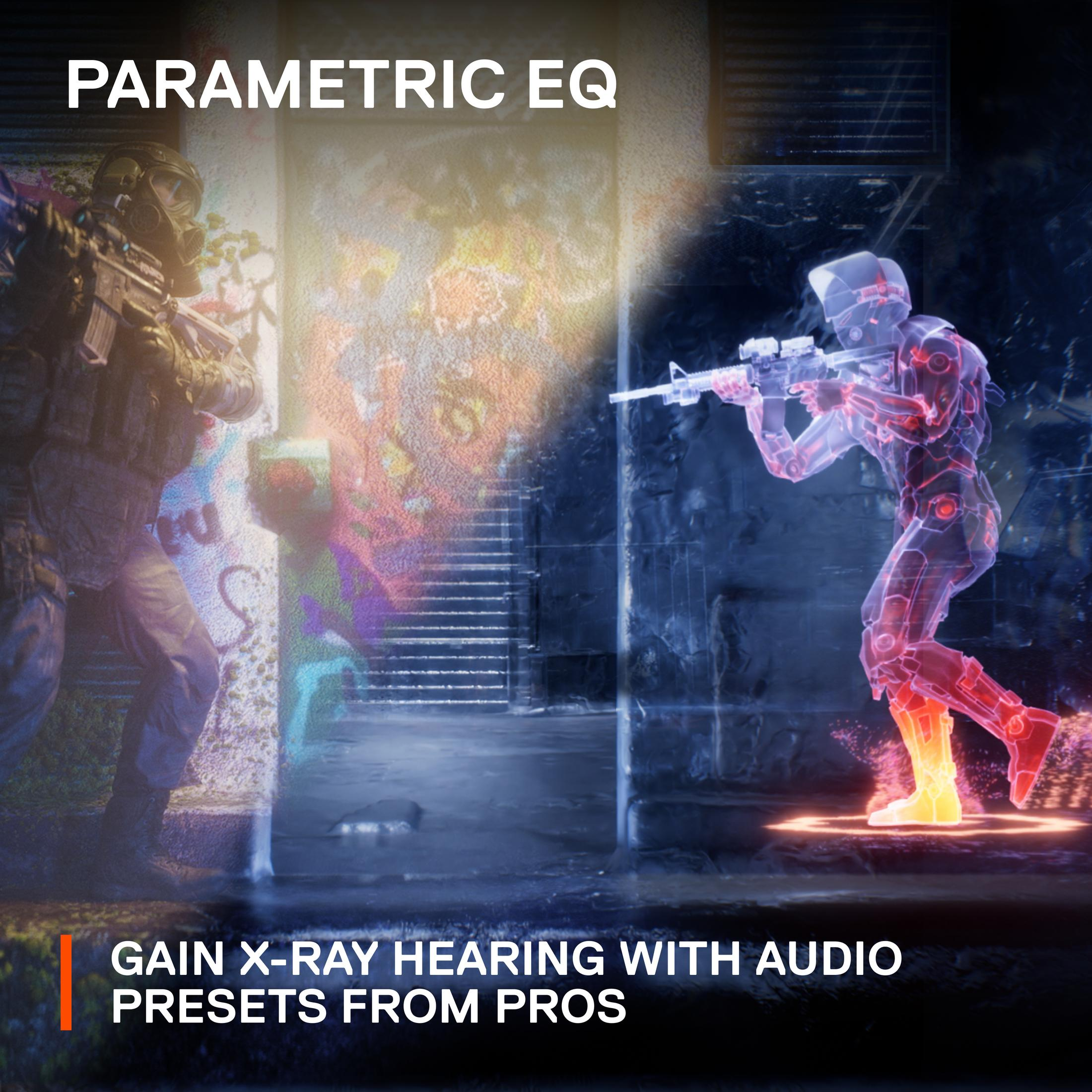 Soldato con arma, contorno rosso, in un ambiente futuristico con testo 'Parametric EQ'.