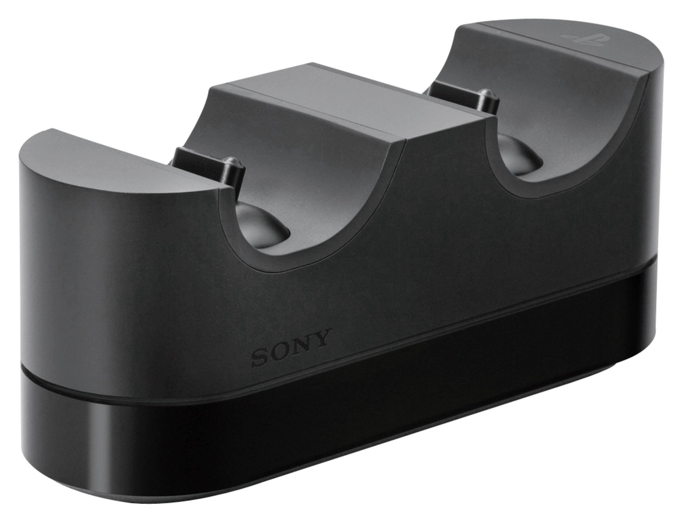 Schwarze Sony PlayStation-Controller-Ladestation. Sie hat zwei Steckplätze für Controller.