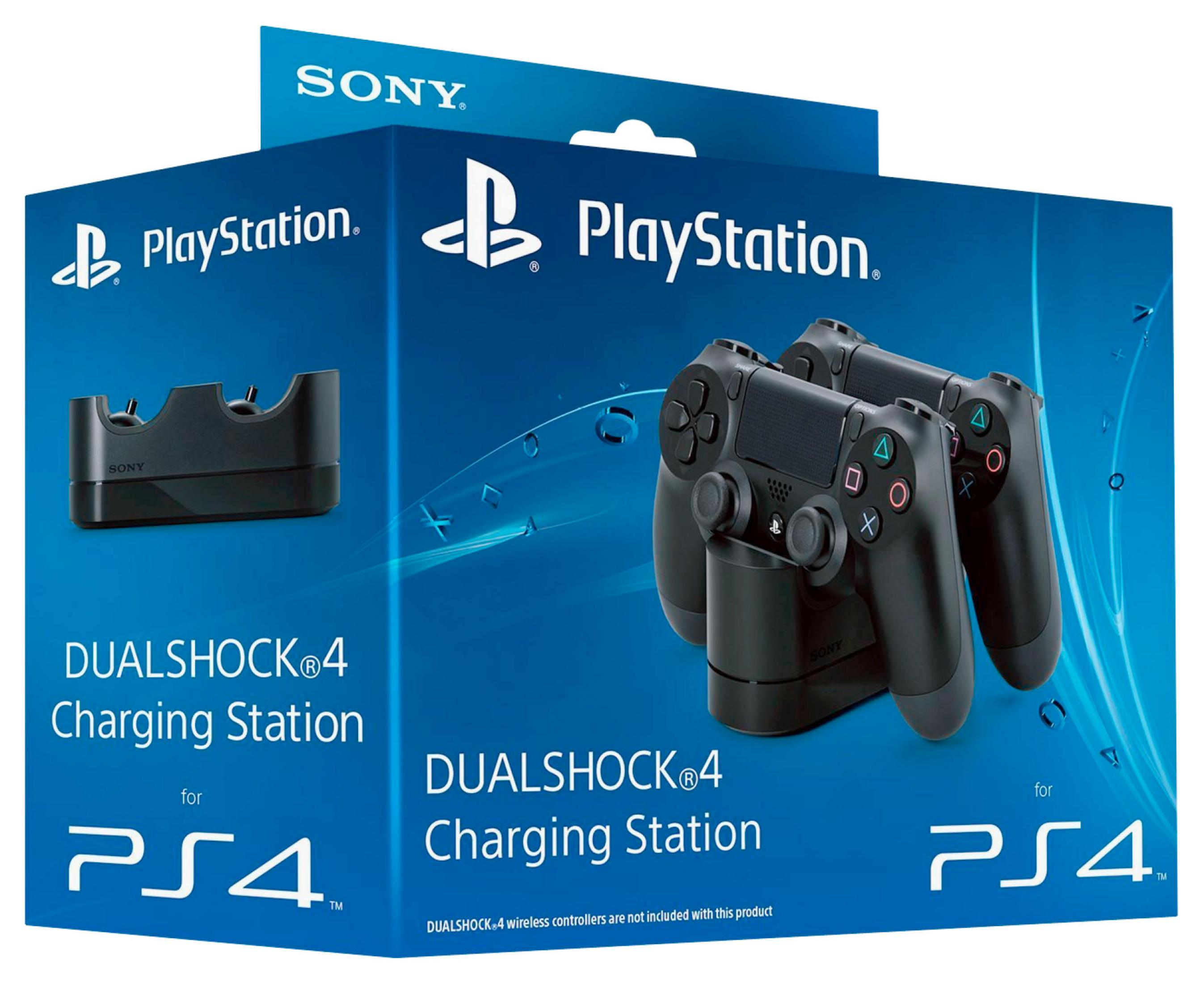 Eine PlayStation DualShock 4 Ladestation und zwei schwarze Controller.
