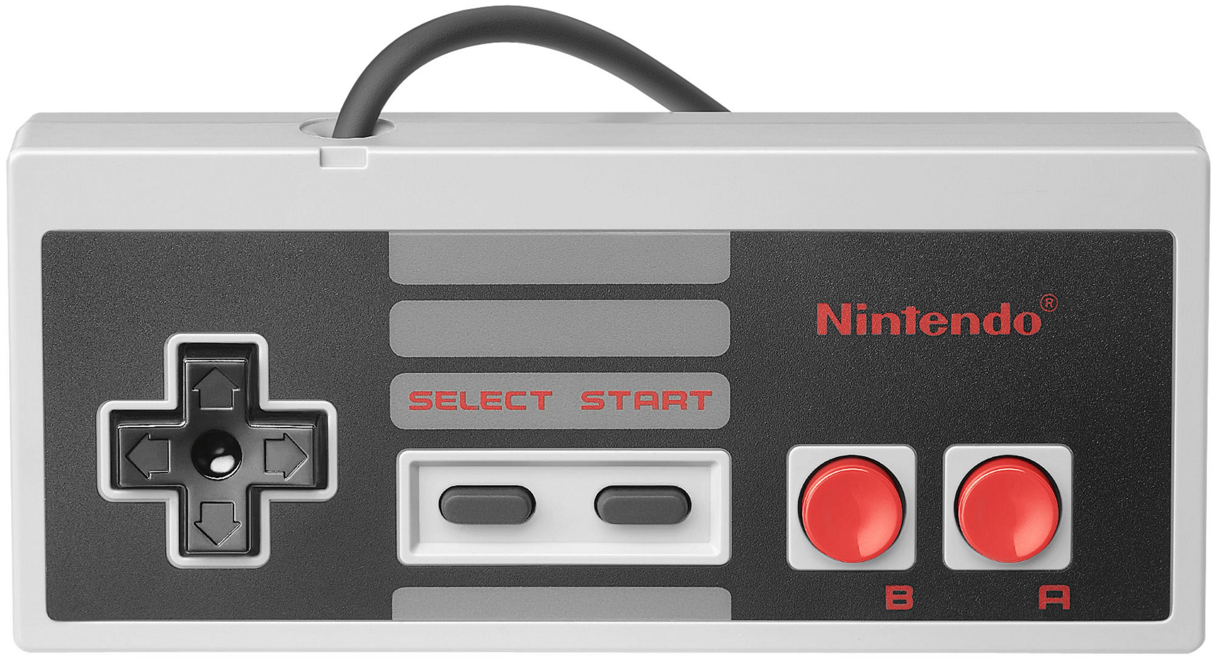 Ein grauer Nintendo-Controller mit Steuerkreuz, Knöpfen und dem Nintendo-Logo.