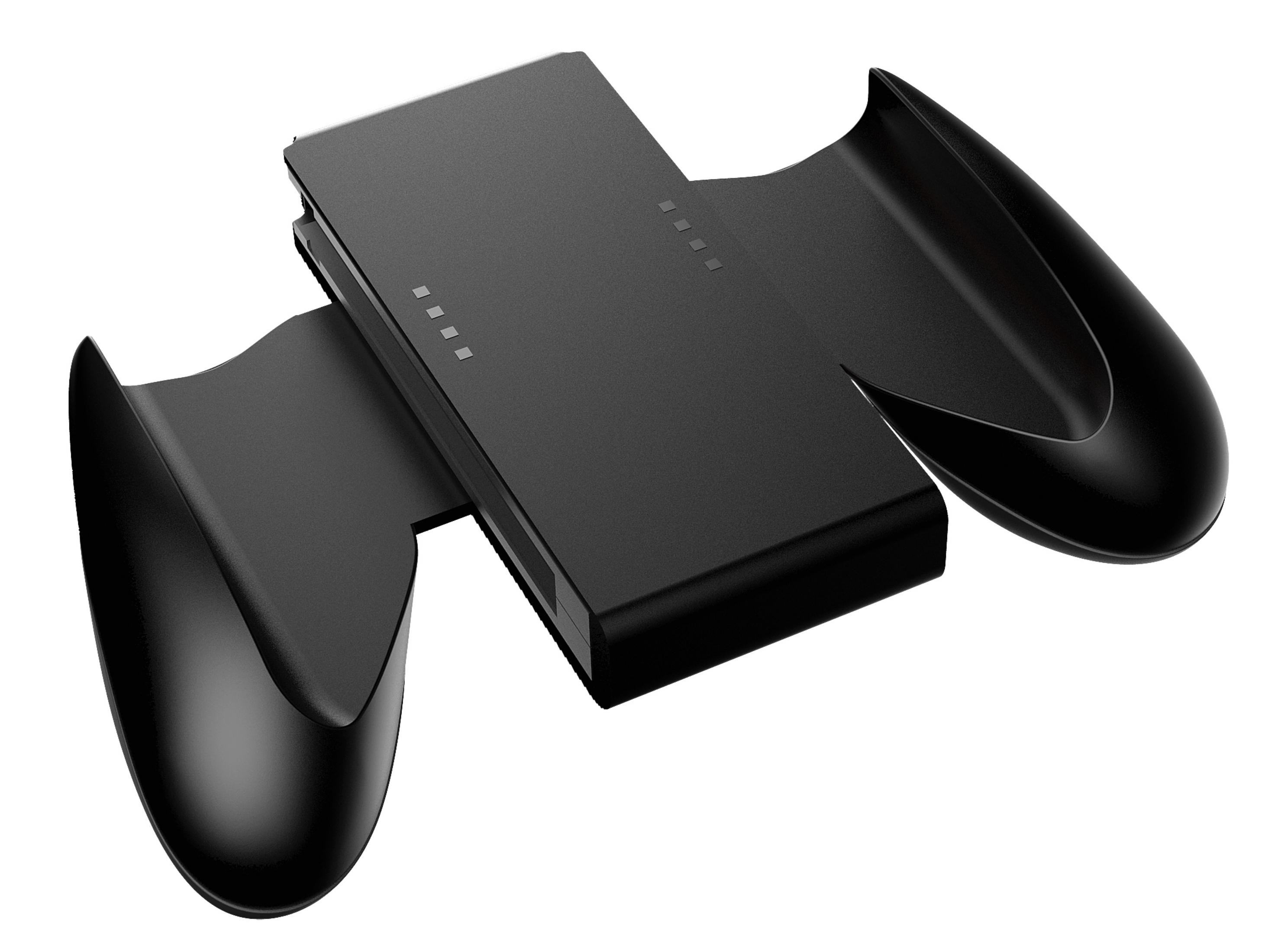Schwarzes Gamecontroller-Griffzubehör mit flachem, rechteckigem Mittelteil und Seitengriffen.