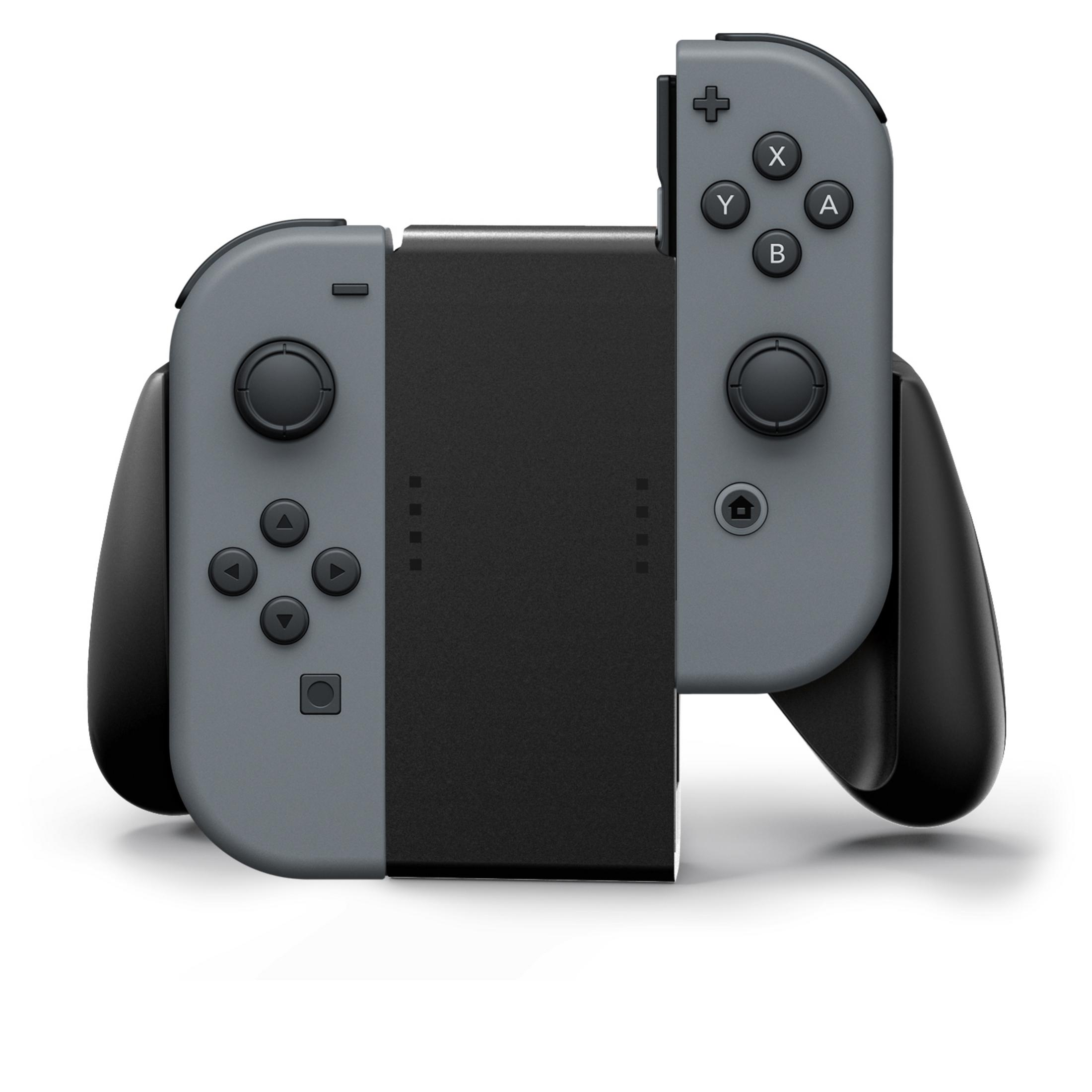 Graue Nintendo Switch-Controller an einem schwarzen Ladegriff befestigt, weißer Hintergrund.