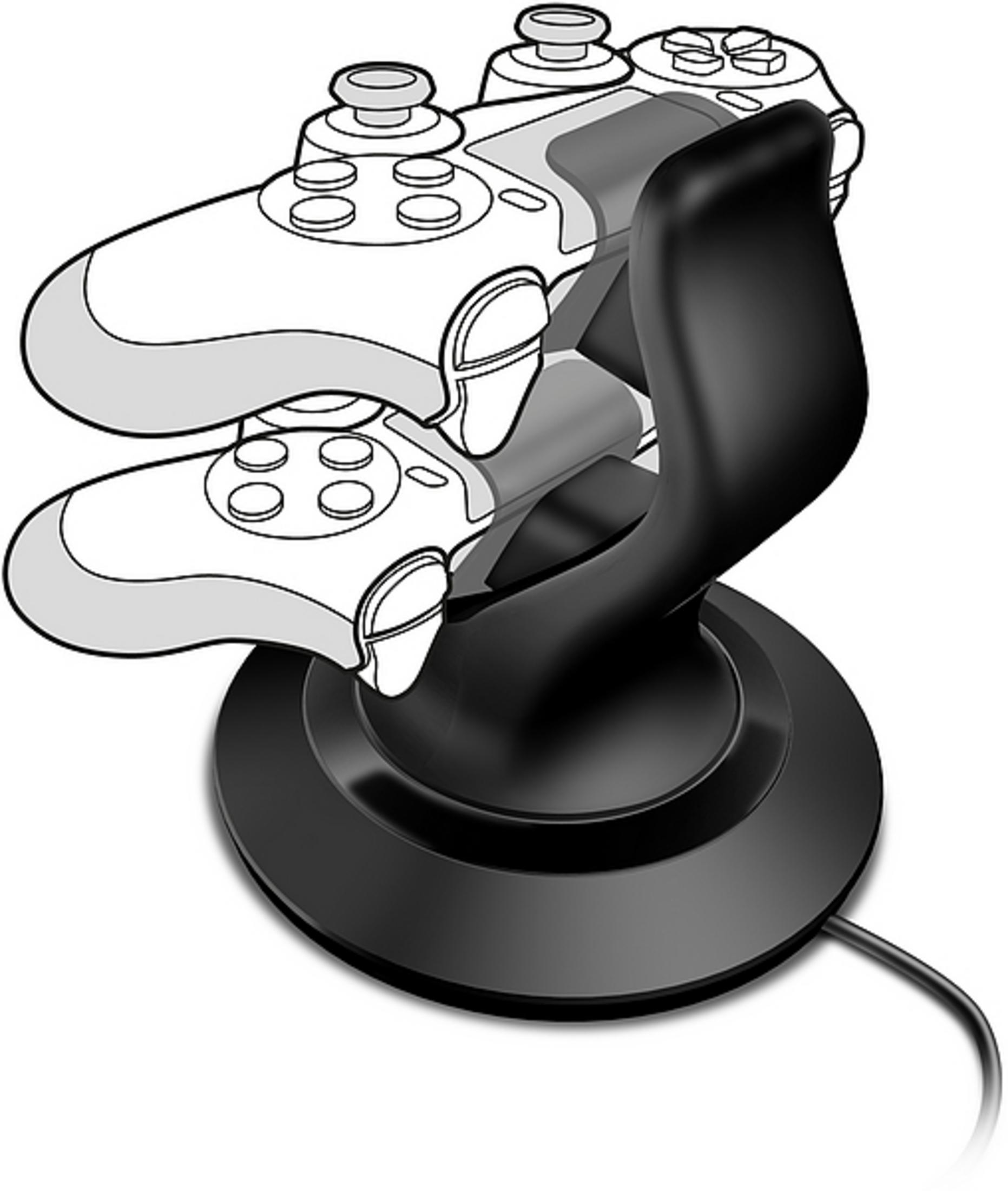 Un supporto nero per controller di gioco con due controller.