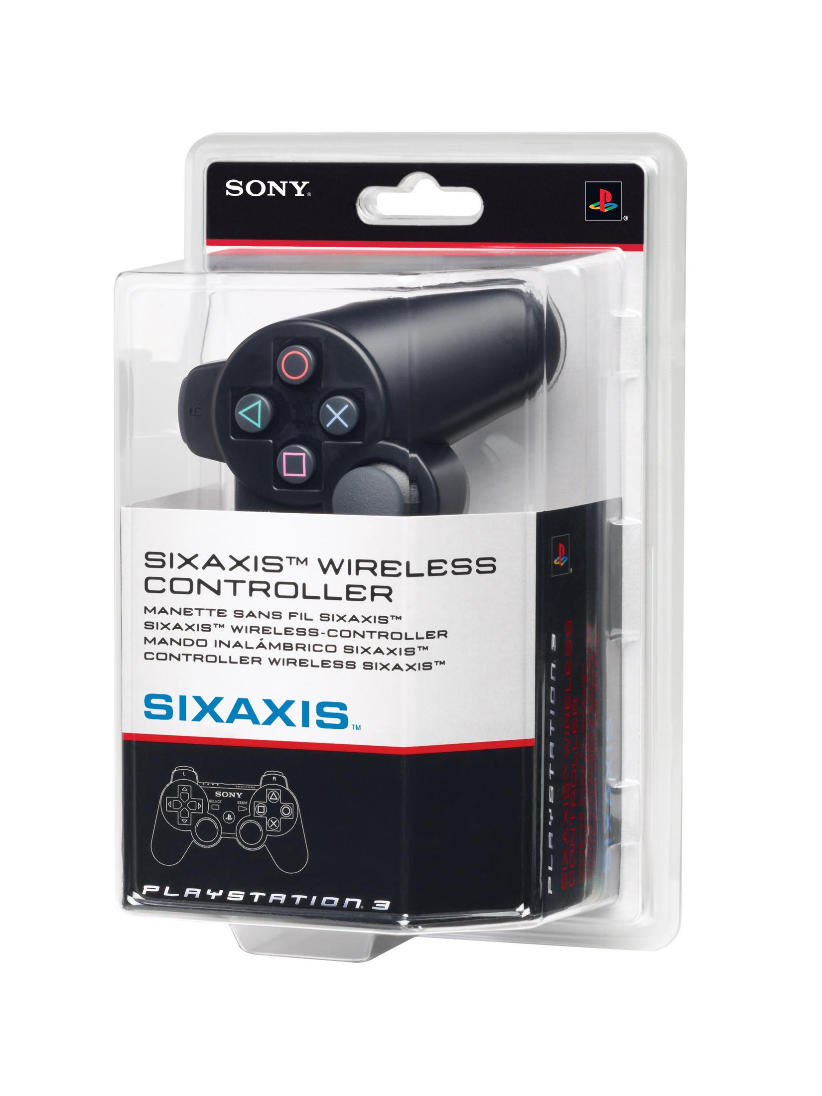 Controller wireless Sony Sixaxis nero in una confezione di plastica trasparente con testo stampato.