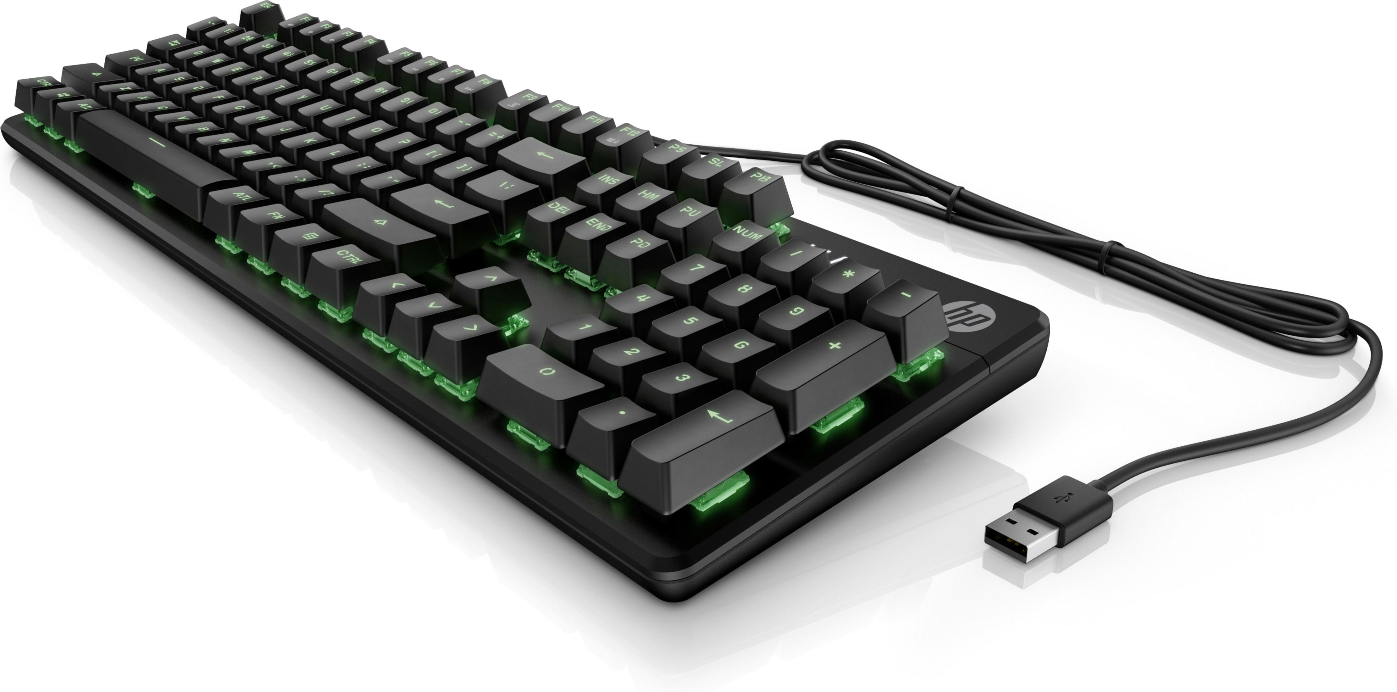 Schwarze mechanische HP-Tastatur mit grüner Hintergrundbeleuchtung. Ein USB-Kabel ist angebracht.