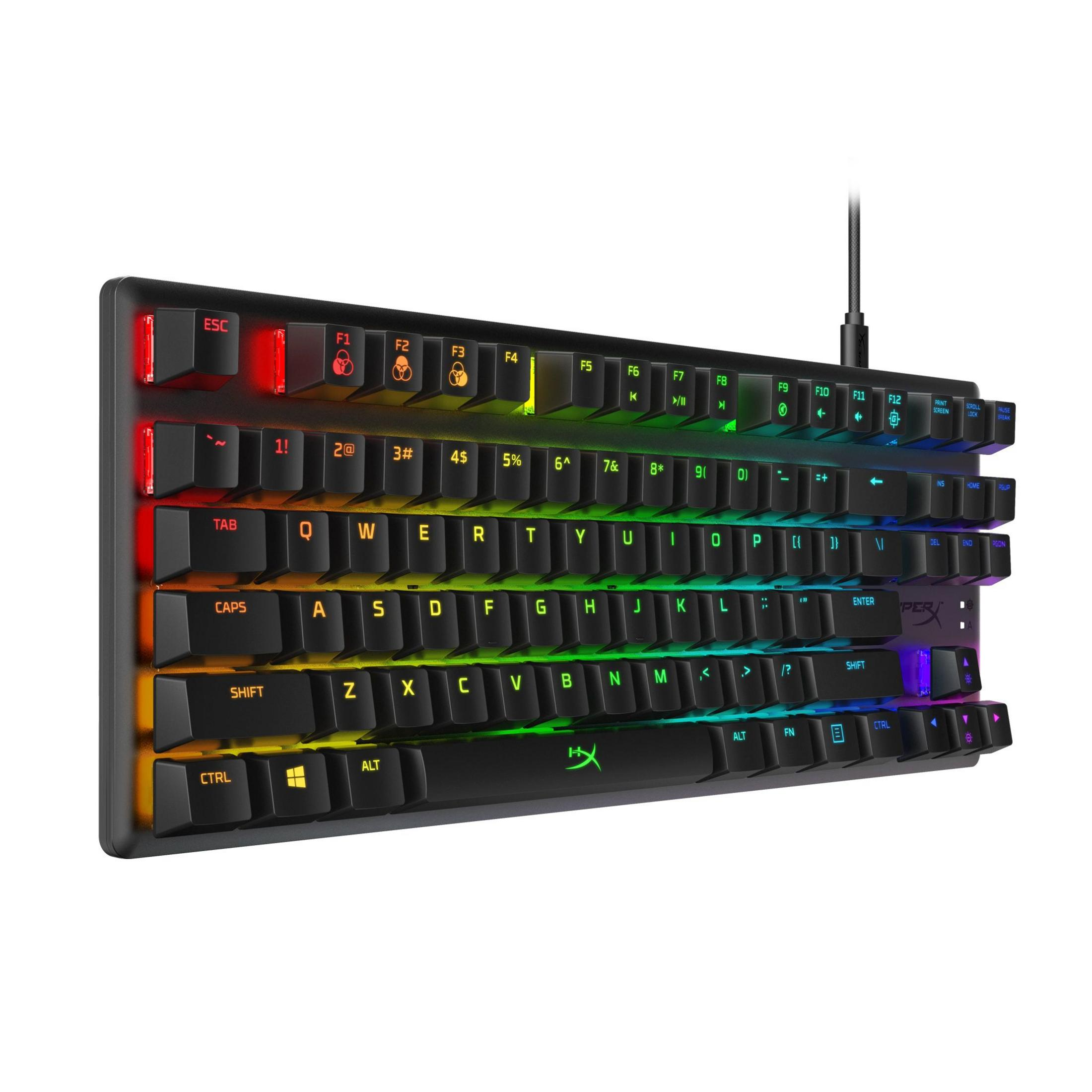 Teclado mecánico negro con teclas arcoíris, teclas iluminadas en rojo y cable negro.