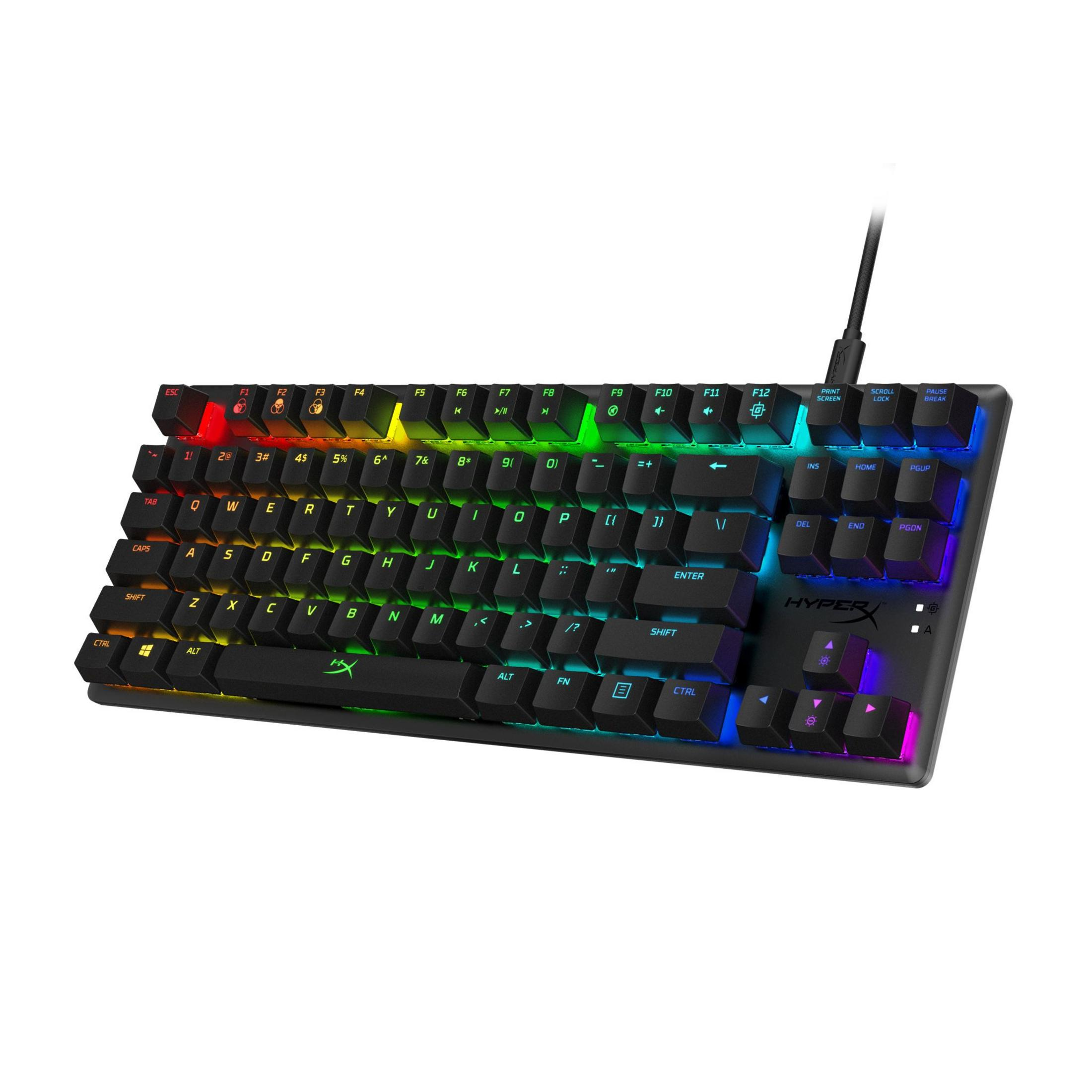 Teclado mecánico HyperX negro con teclas de colores y un cable.