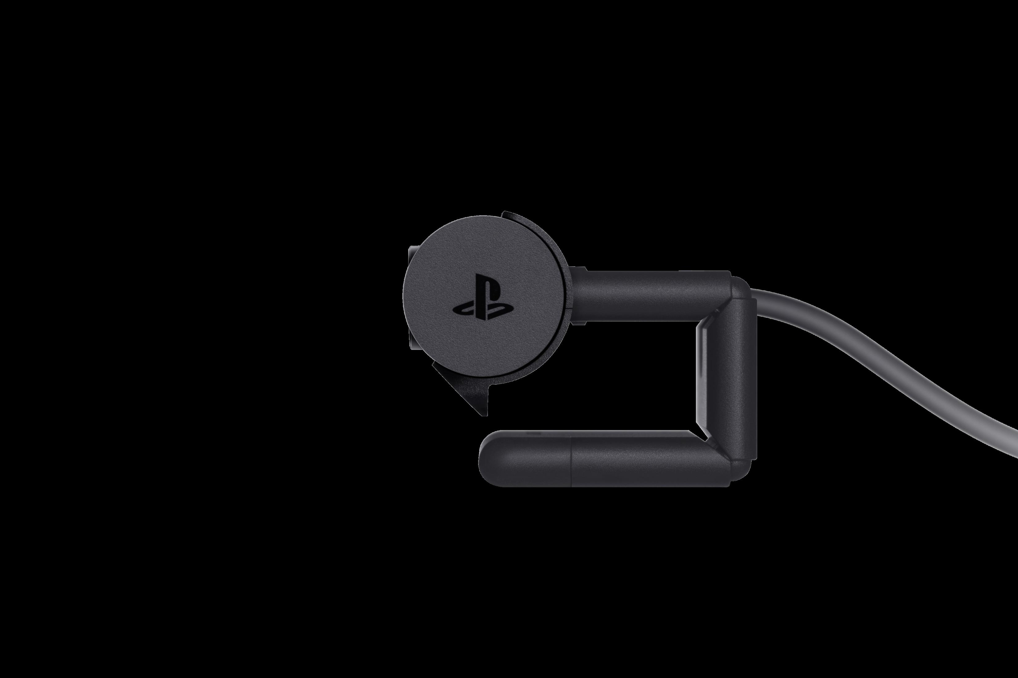 Cámara Playstation negra sobre un fondo negro. La cámara tiene un logo de PlayStation.