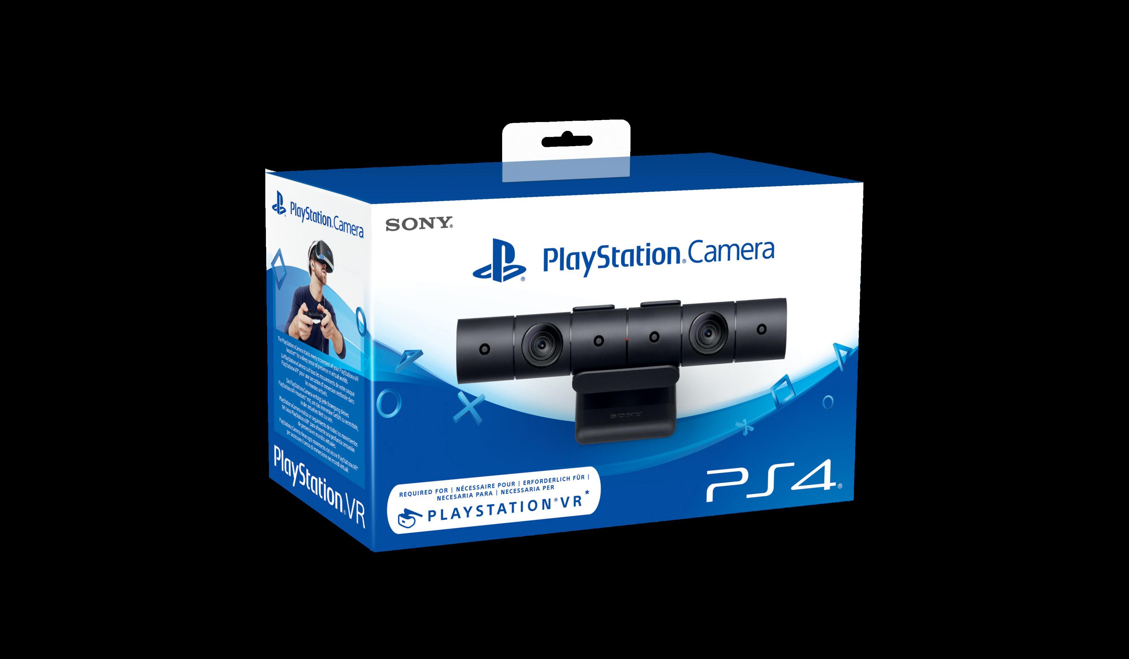 PlayStation Kamera Box. Schwarze Kamera mit drei Linsen. Text auf der Box: PlayStation Camera, PS4, PlayStation VR.
