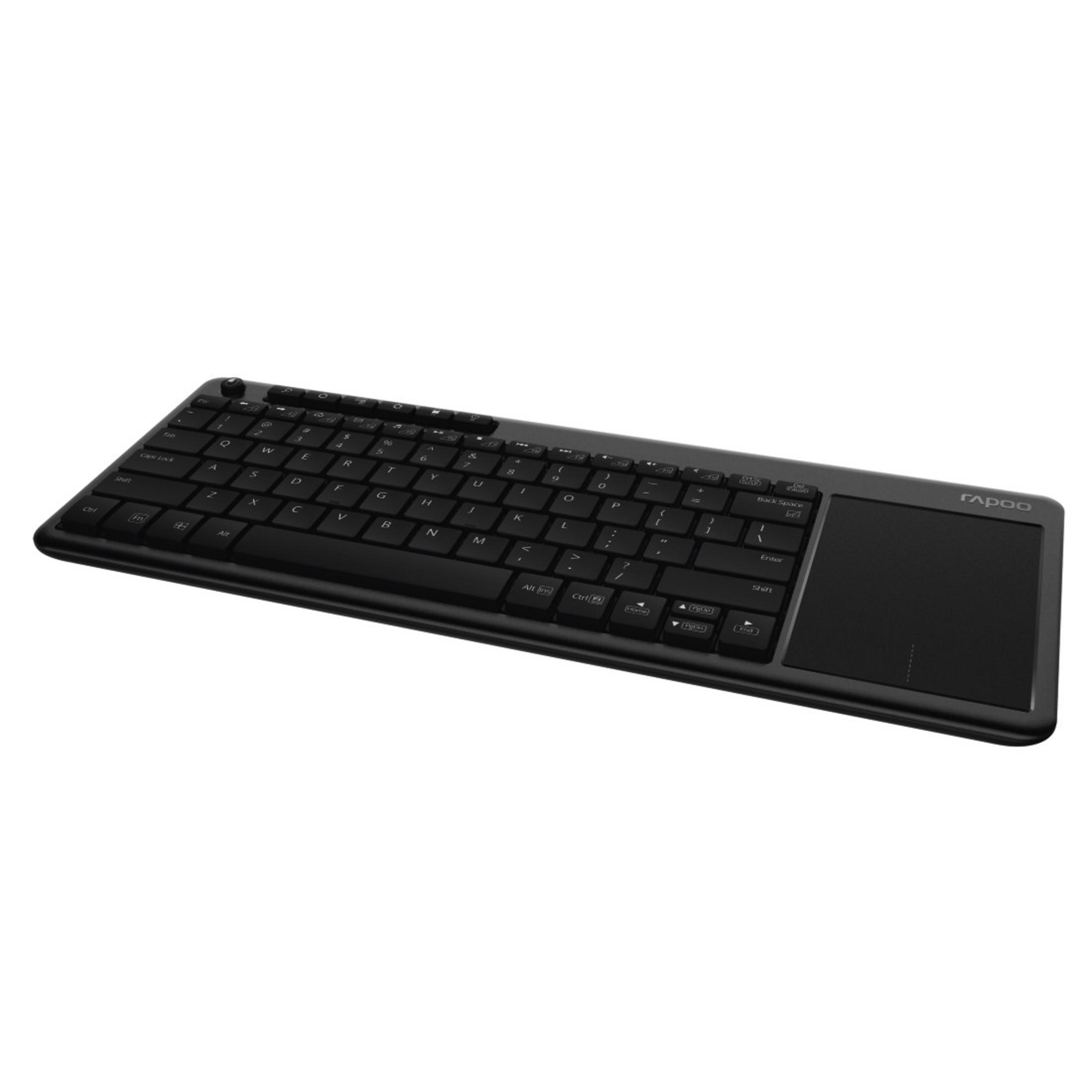 Schlanke, schwarze Tastatur mit integriertem Touchpad. Weißer Hintergrund.